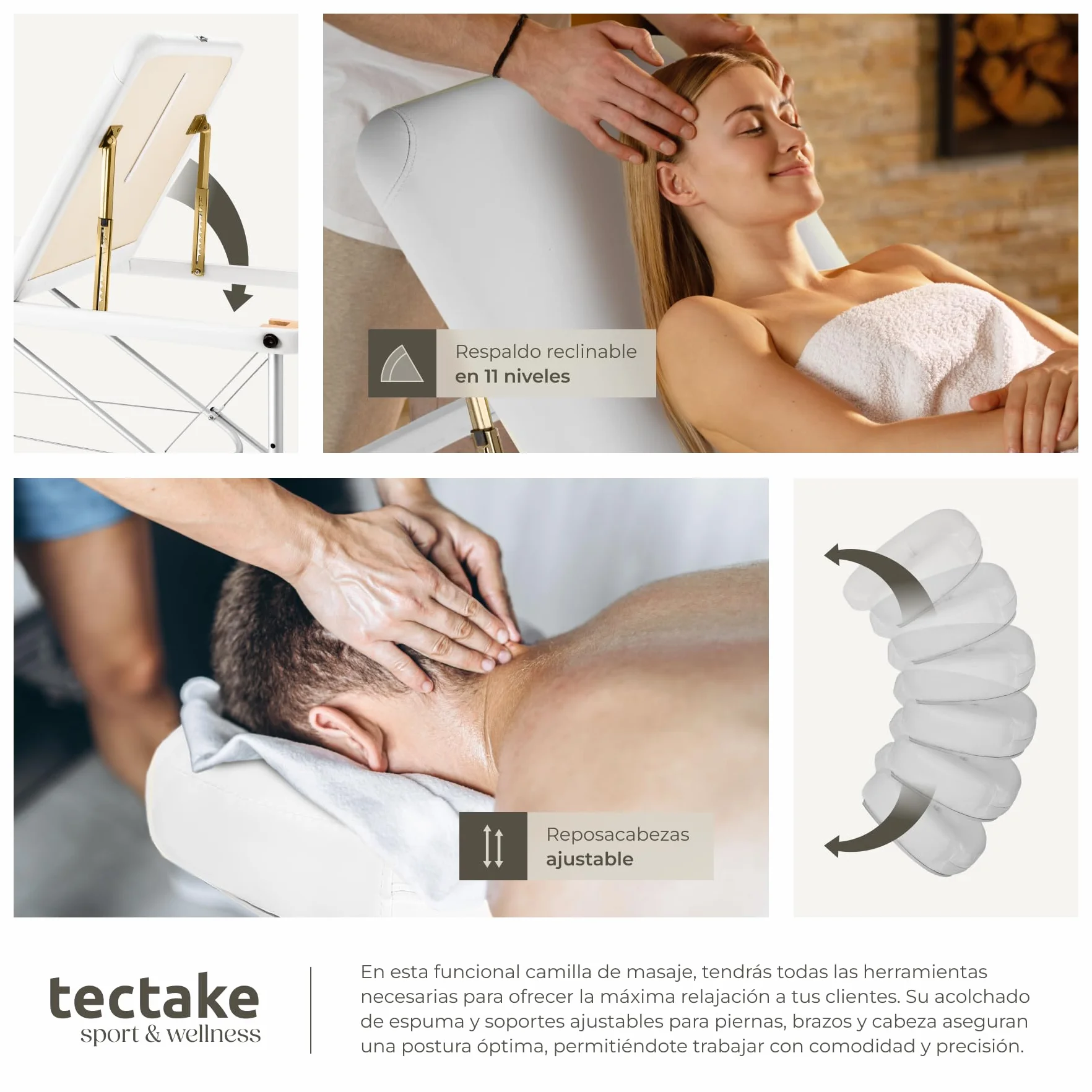 Tectake Camilla de Masaje Plegable de Aluminio, Altura Ajustable, 3 Zonas, con Bolsa de Transporte - Blanco