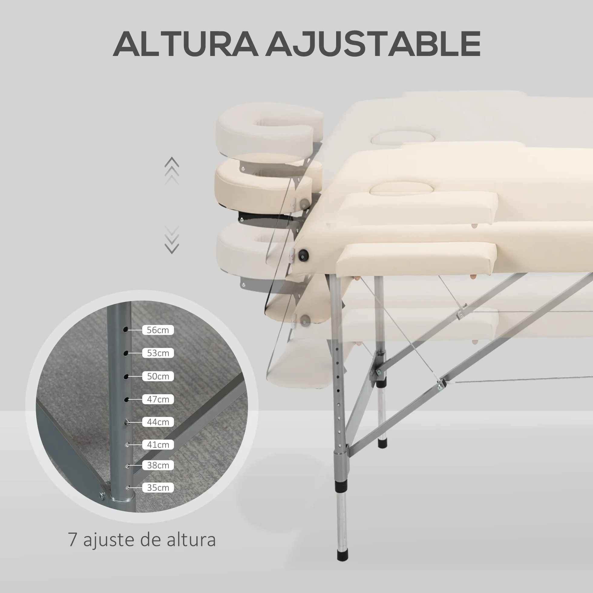 HOMCOM Camilla de Masaje Plegable Portátil con Altura Ajustable 7 Posiciones Marco Aluminio 130 kg 186x71x62-83 cm Beige