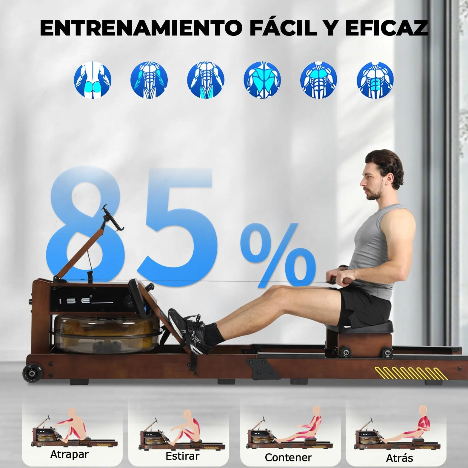 ISE Máquina de Remo de Agua de Madera de Roble, Remeros de Casa con Bomba de Agua Manual, Pantalla LED Ángulo Ajustable, App, Soporte para Tableta