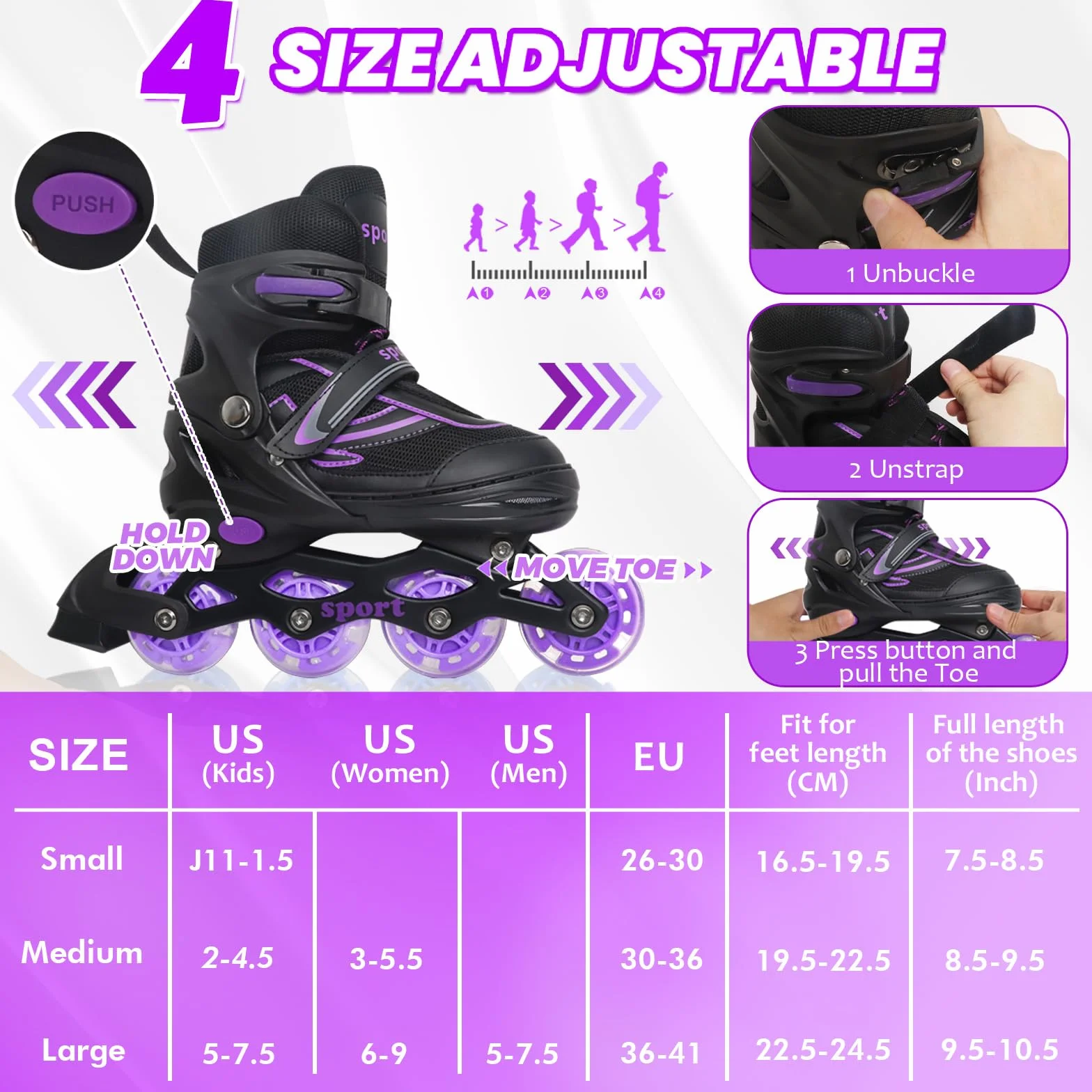 Patines en línea Ajustables para niños Principiantes, Patines de Ruedas Violeta y Azul
