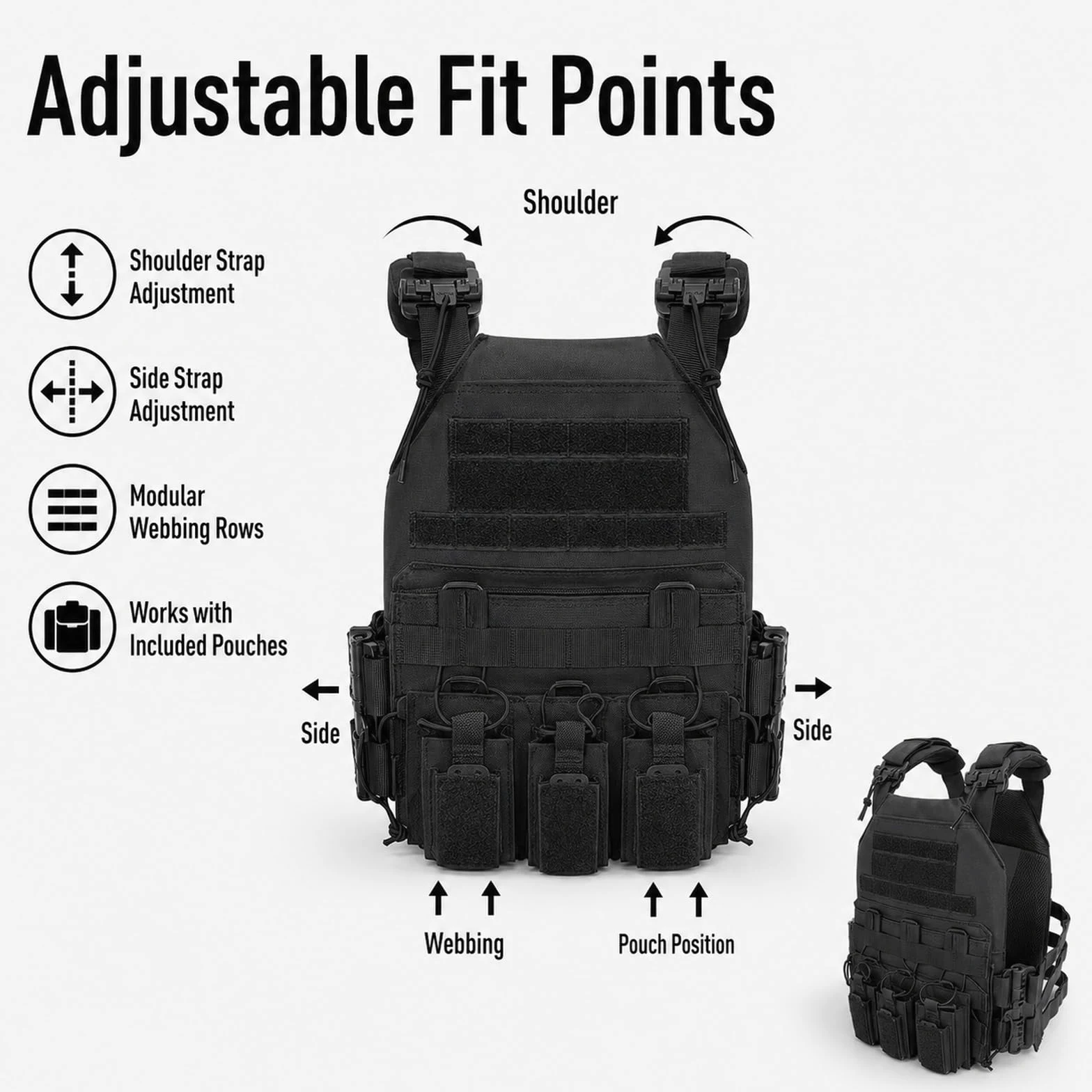 Genérico Arnes de Carga Modular Kit, Chaleco de Pecho Airsoft Ajustable | Incluye Base Bolsa Triple Bolsa Cuadrada Pequena Bolsa Smartphone Bolsa Radio y Bolsa Trasera de Carga Utilidades