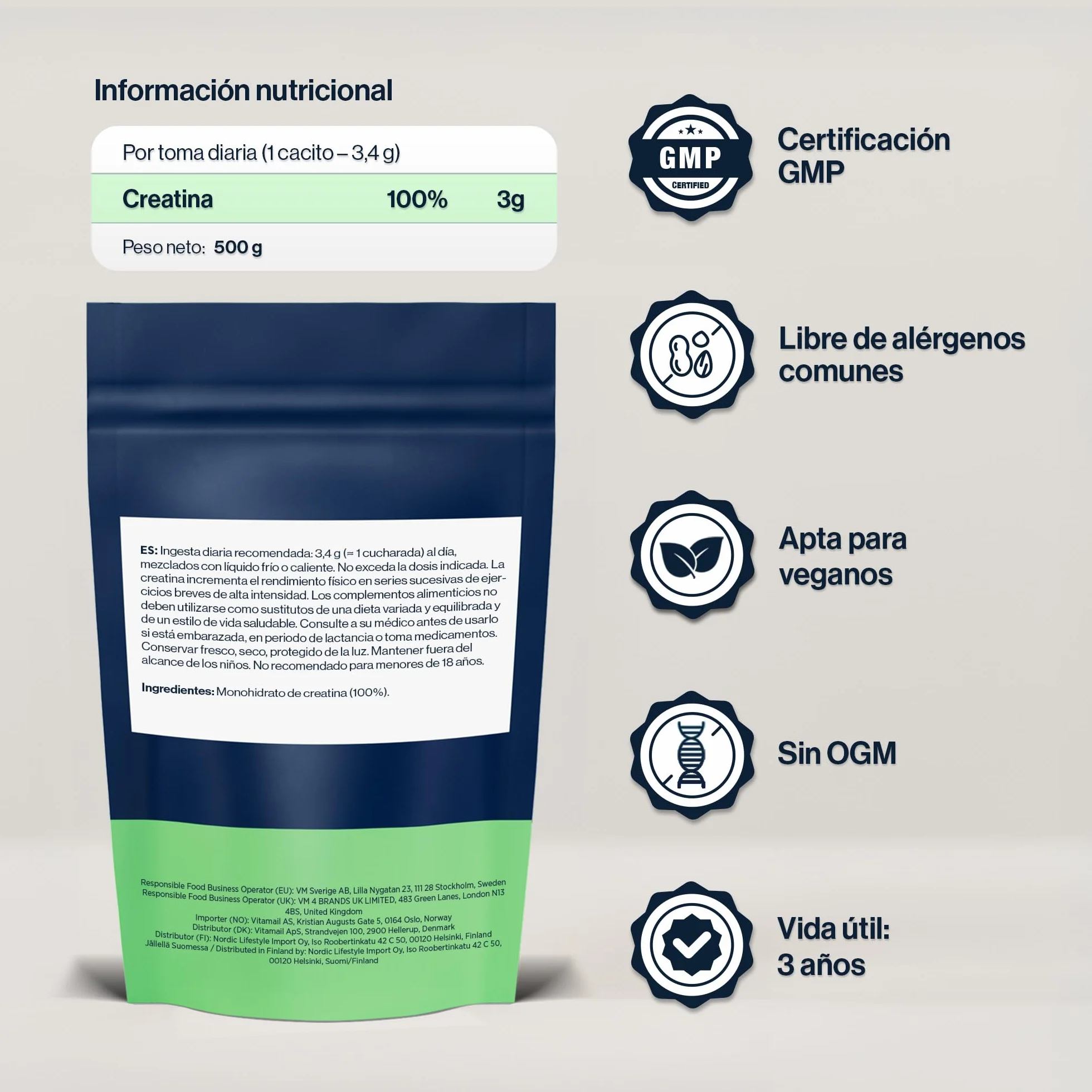 Creatina Monohidratada Polvo 500g, 5 Meses, 100% Pura, Sin Sabor, Micronizada 200 Mesh, Soluble, 147 Porciones, Vegana, Sin Gluten