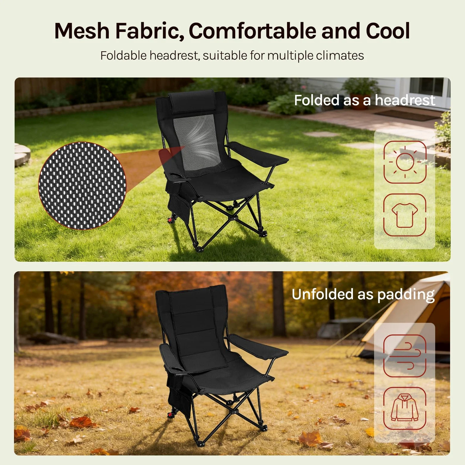 WOLTU 2X Sillas Camping Plegables con Respaldo Ajustable, Sillas Playa con Bolsillo Lateral y Portavasos, Tela de Malla y Tela Oxford, para Pesca, Picnic y Terraza, Capacidad de Carga 150 kg, Negro