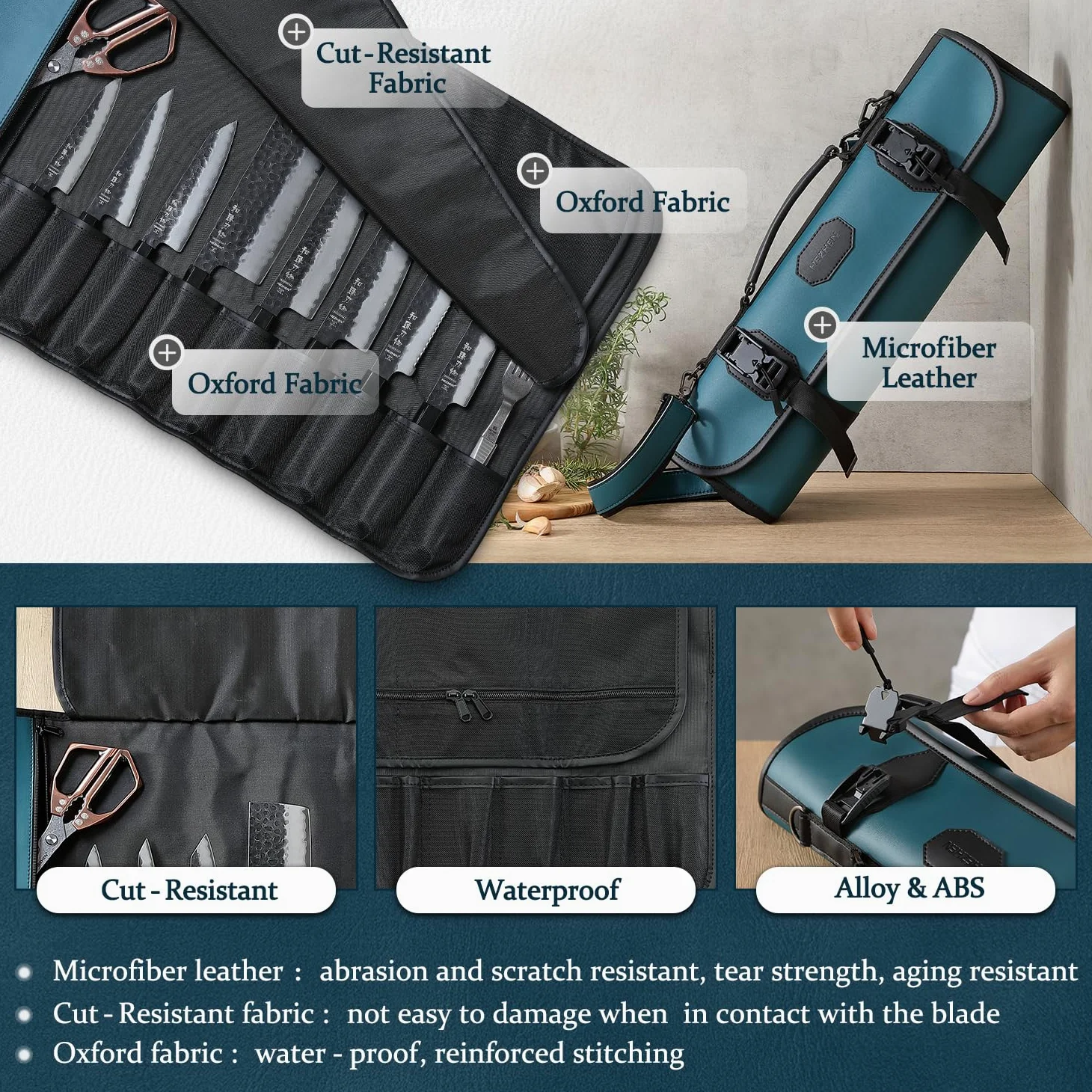 HEZHEN Bolsa para Cuchillos Profesional de Cuero(Sin Cuchillo)-Verde | Microfibra de Cuero,Correa Ajustable,9 Ranuras & 5 Bolsillos con Cremallera,Solapa Protectora-Viaje y Almacenaje