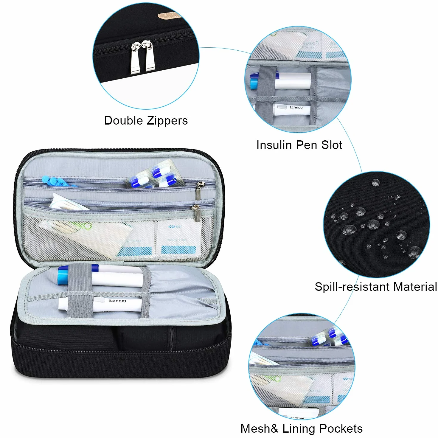 Bolsa Diabética Simboom Doble Capa para Monitor de Glucosa, Tiras de Prueba, Dispositivo de Punción - Negro