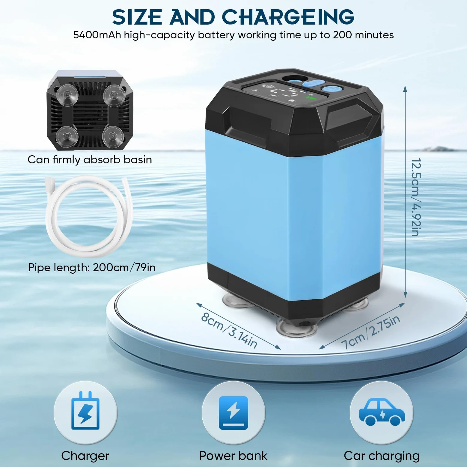 Batería portátil de ducha de camping con bomba, función de esterilización, ducha de camping, 5400 mAh, recargable con cabezal de ducha y manguera de 2 m, indicador de temperatura y potencia para