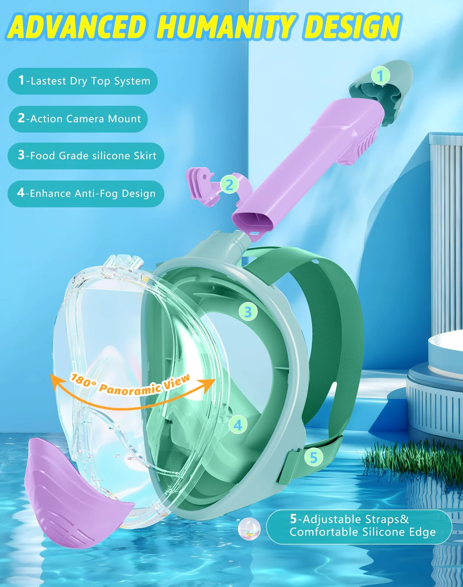Máscara de esnórquel para niños, equipo de esnórquel con sistema de respiración suave seguro, antivaho a prueba de fugas, máscara de buceo de visión amplia con soporte extraíble para cámara y bolsa de