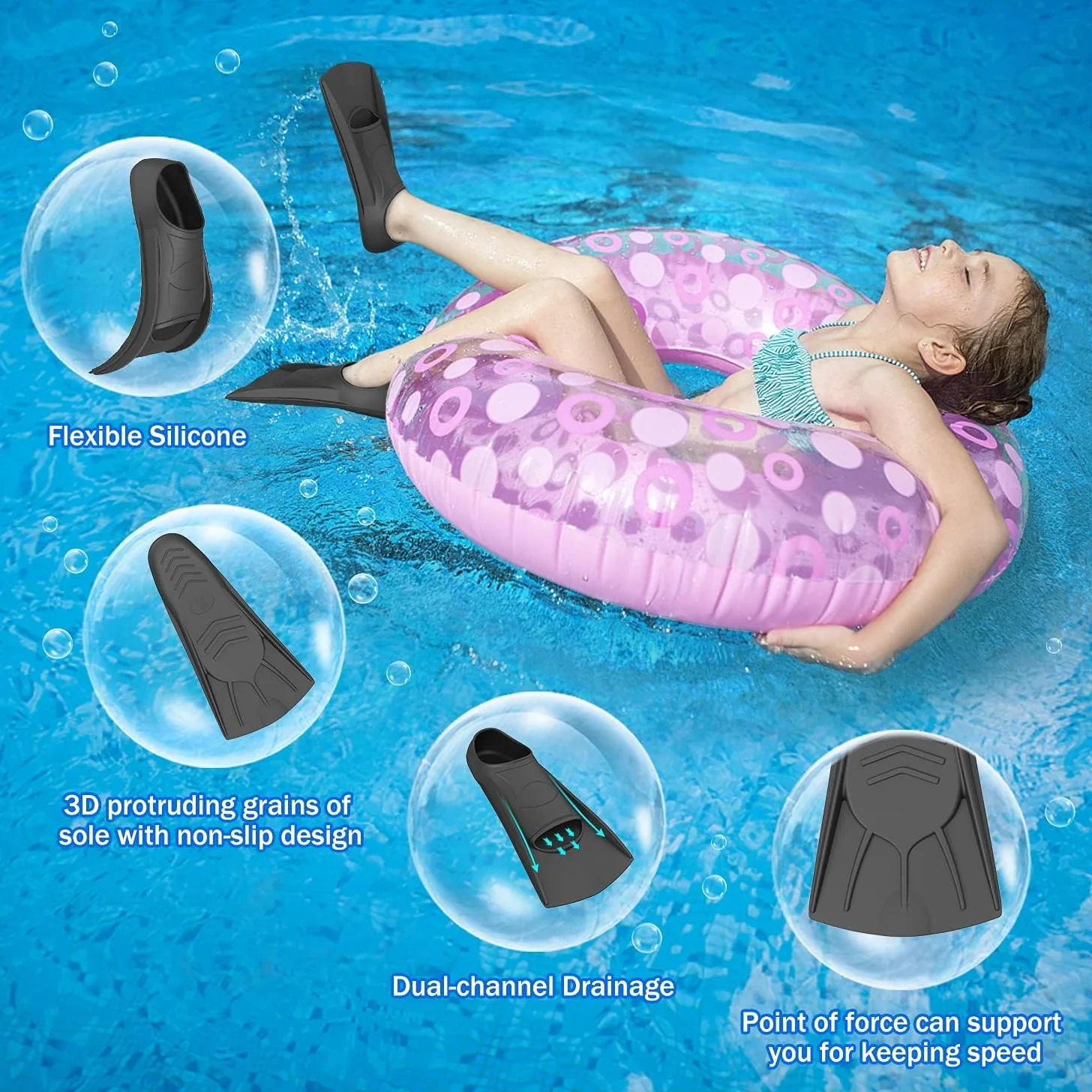 Gintenco Aletas de natación, aletas de entrenamiento de natación para niños para nadar en regazo, aletas de tamaño de viaje con bolsa de malla, aletas de natación de silicona para niños, adolescentes