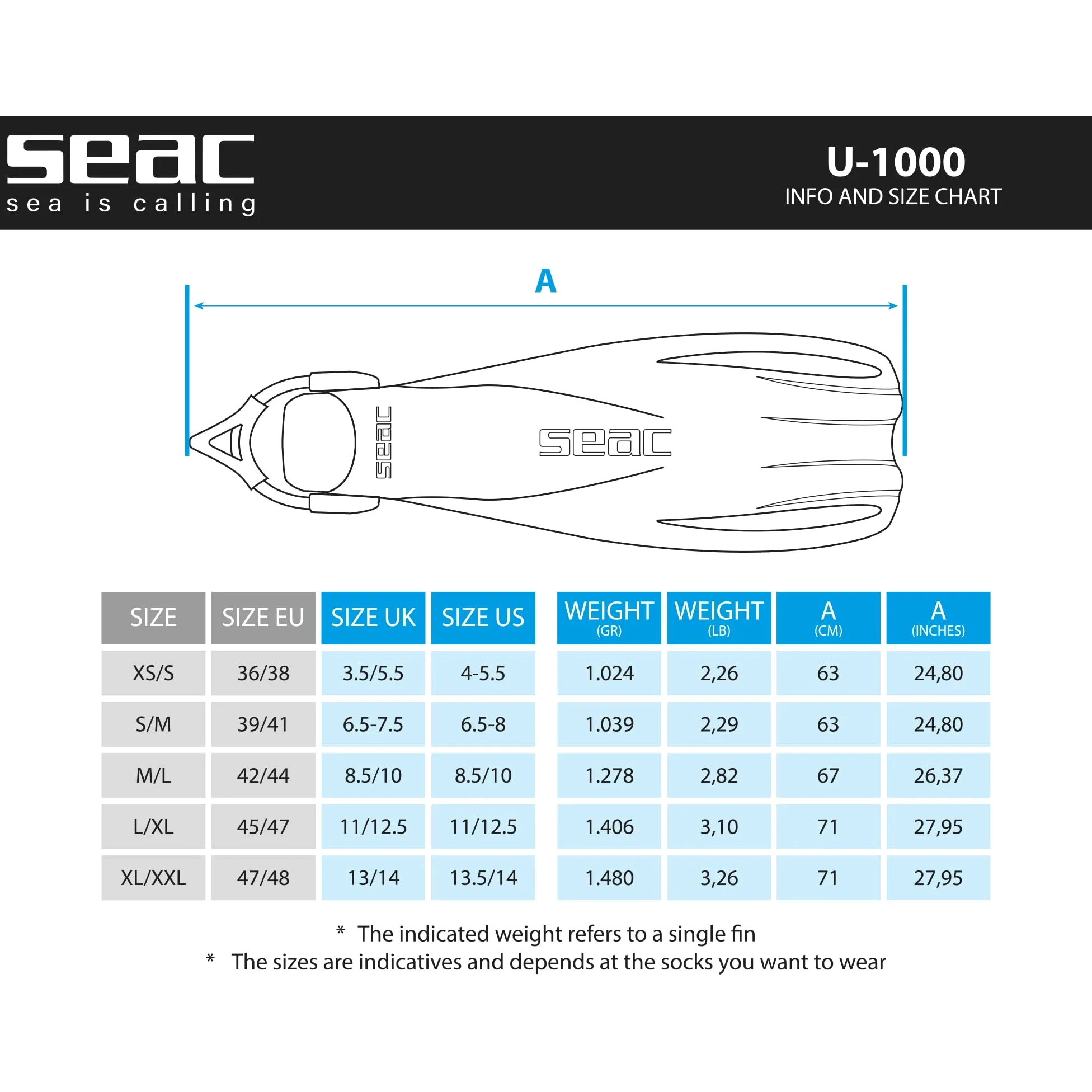 SEAC U-1000 Aletas de Buceo para Uso recreativo y Profesional, Unisex Adulto