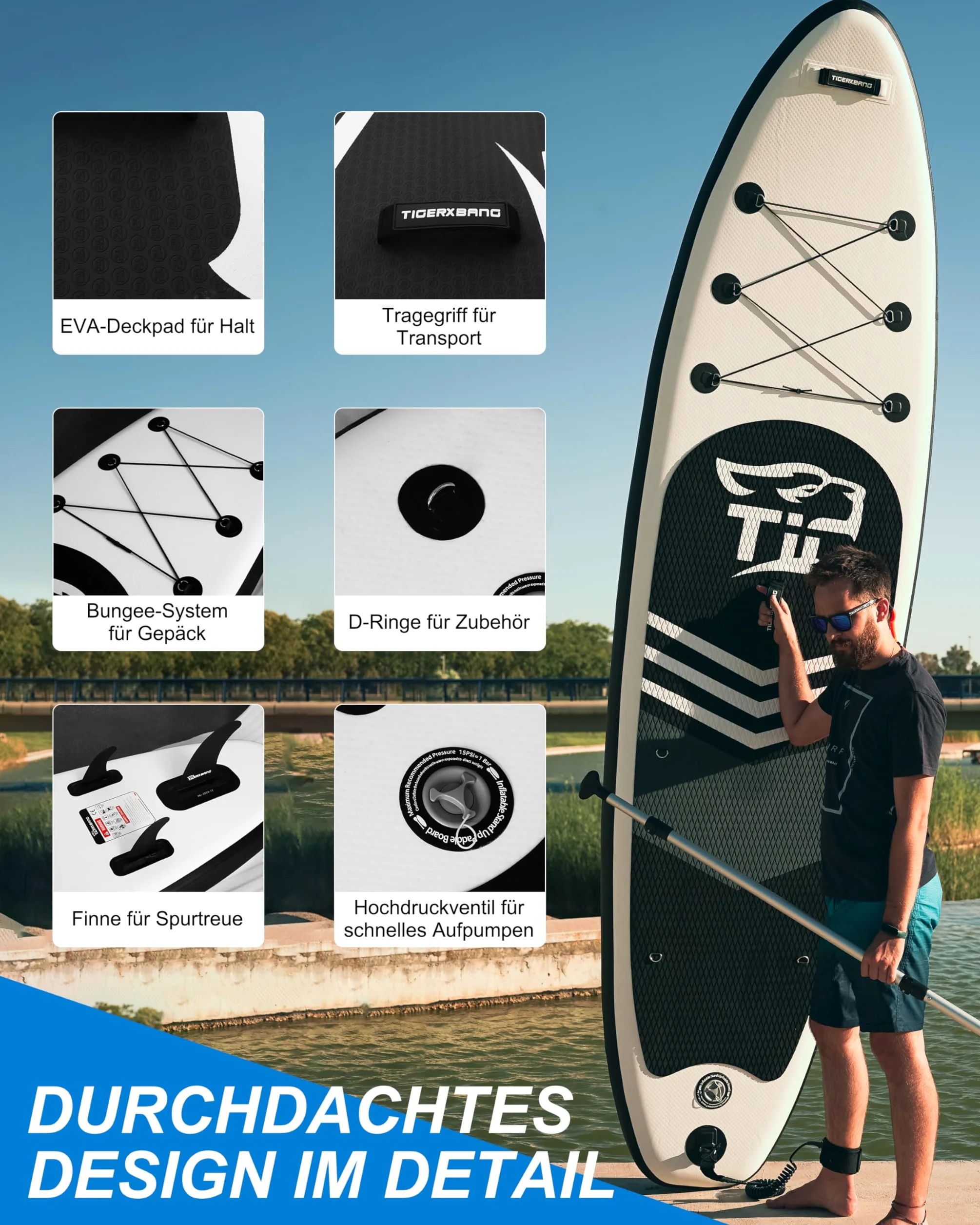 TIGERXBANG Tabla hinchable de surf de remo de 320 x 82 x 15 cm, Black Tiger Collection SUP con asiento de kayak, doble remo y accesorios, juego completo para adultos y niños
