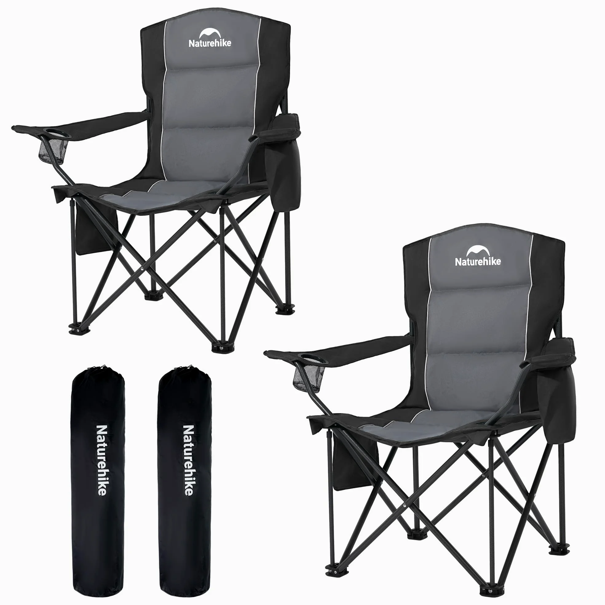 Naturehike 2 sillas de camping portátiles plegables de 200 kg, acolchadas, con soporte para bebidas, silla de pesca, pícnic, jardín, exterior, playa (negro)