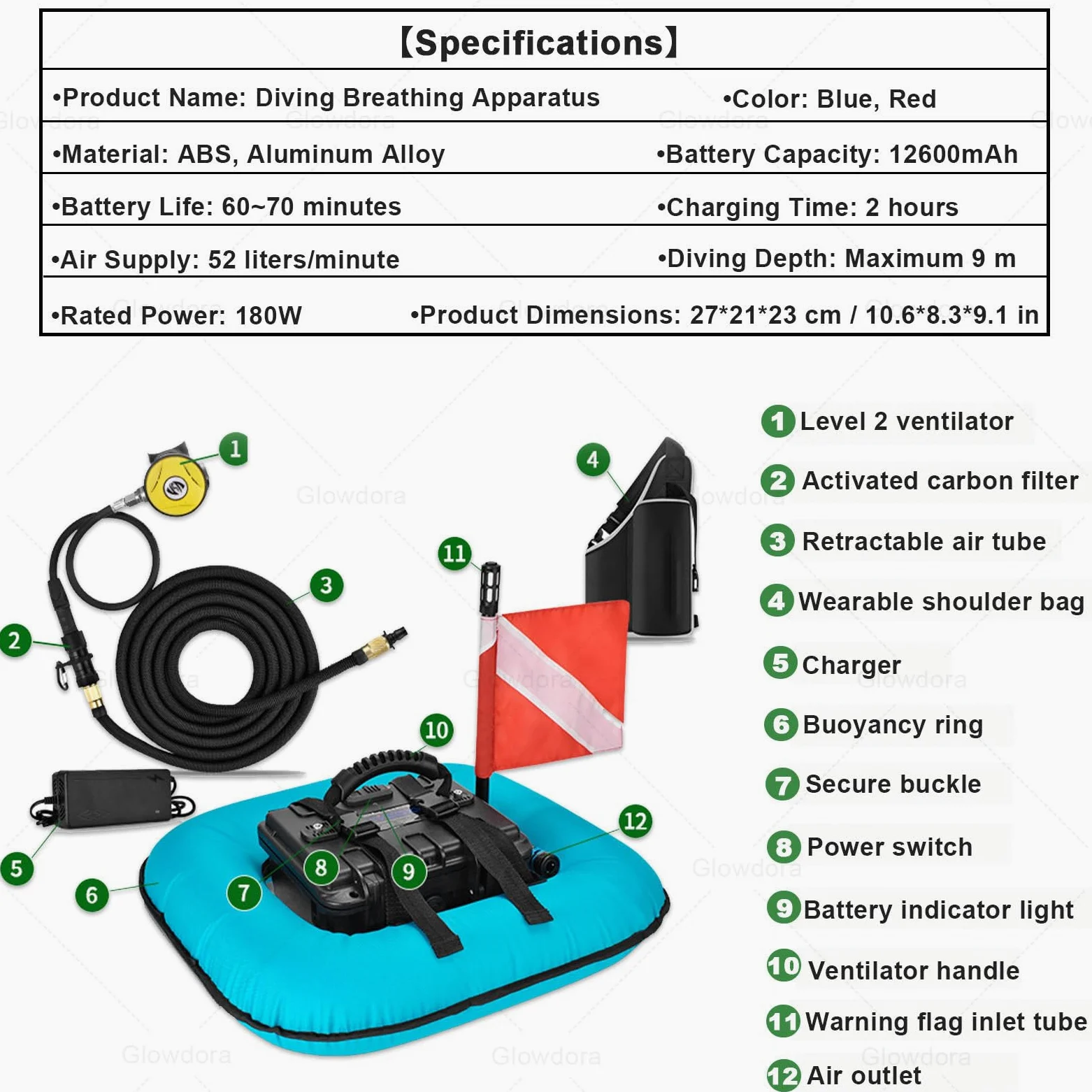 Sistemas de Buceo sin Tanque con Ventilador, Dispositivo de respiración subacuática Red | Respirador portátil recargable para buceo con compresor de aire, manguera de 9 m y regulador de respiración.
