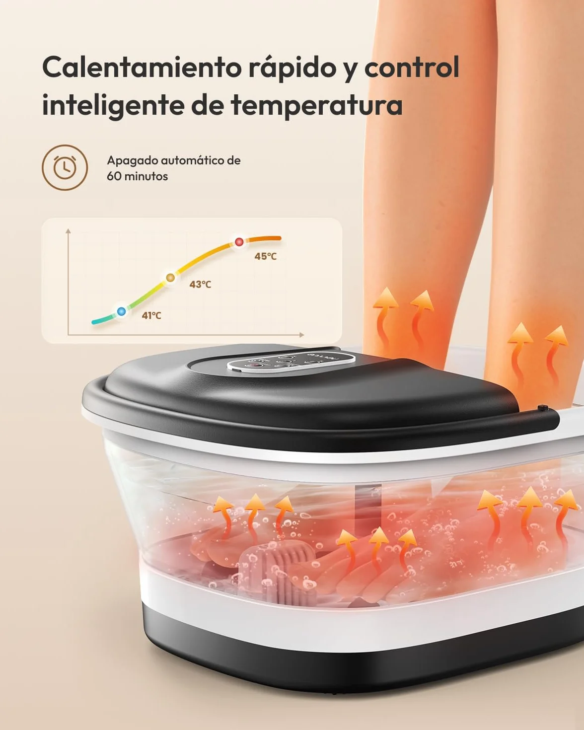 Masajeador de Pies con Agua Plegable, Hidromasaje con 3 Niveles de Calor y 16 Rodillos, Control de Temperatura