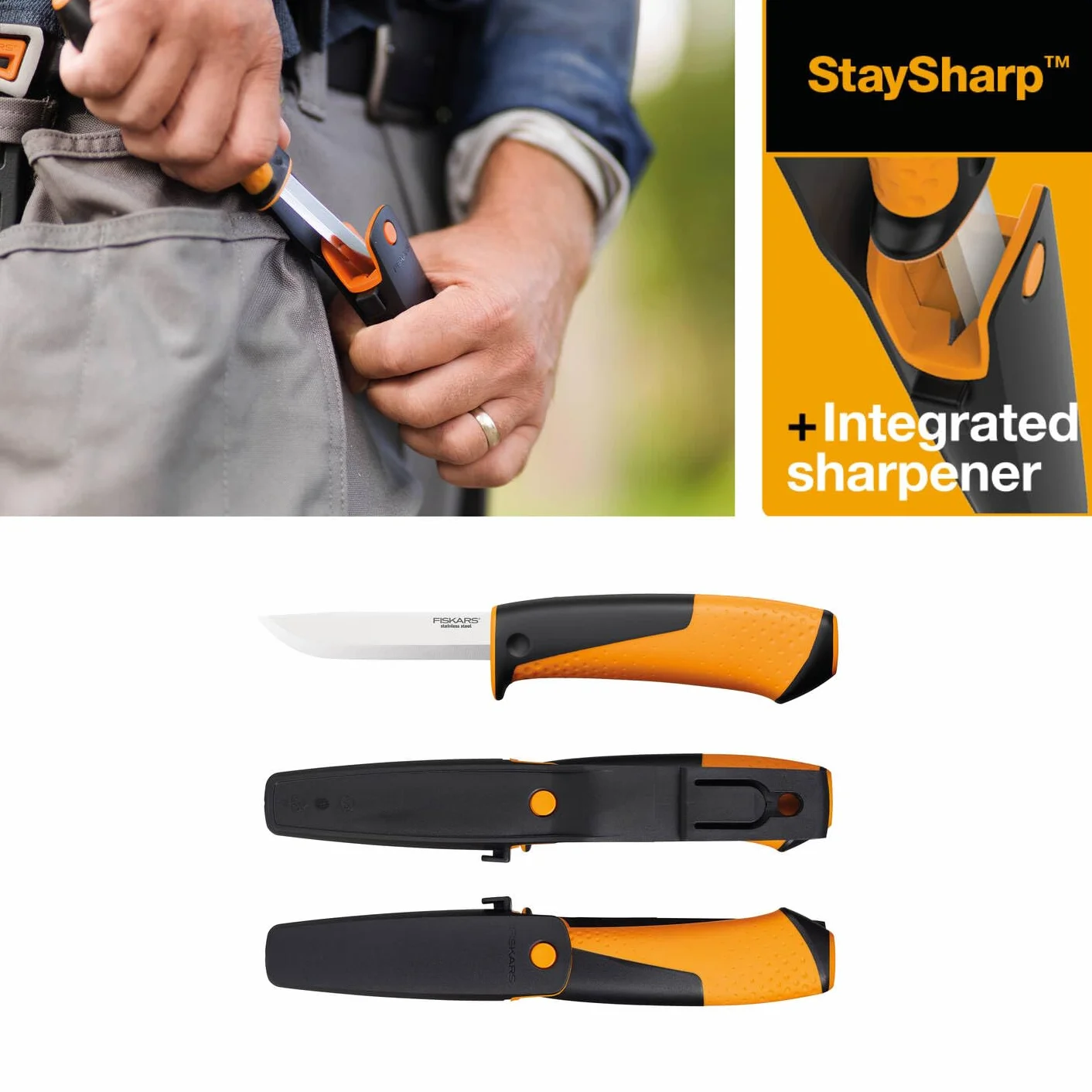Fiskars Set de Camping, Hacha de recreo X5-XXS, 23 cm, Sierra de Mano Xtract SW73, Retráctil, 35 cm, Cuchillo Multifuncional con funda e integrador afilador de cuchillos, 21,5 cm, 1057912.