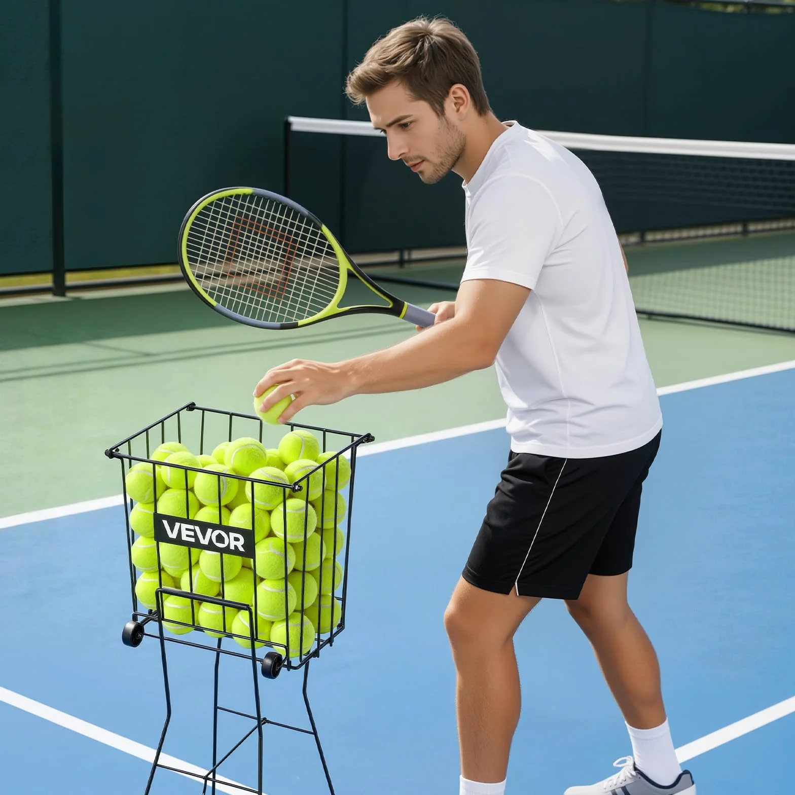 VEVOR Recogepelotas de Tenis con Ruedas y Mango, Capacidad para 75 Pelotas o 52 Pickleball, Cesta Portátil de Tenis con Soporte, Altura Ergonómica, Carro de Acero para Entrenamiento y Almacenamiento