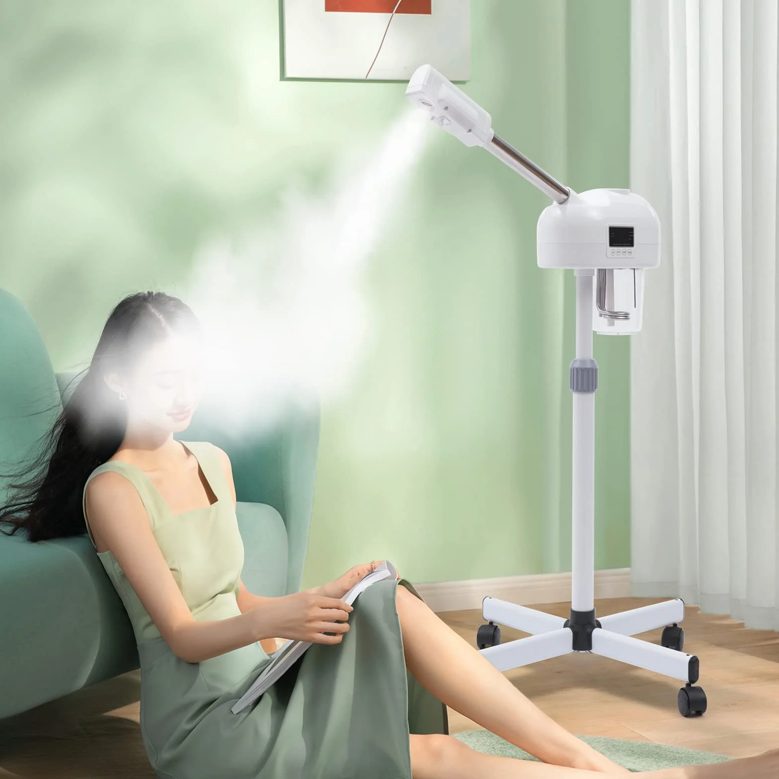 Vaporizador facial 750W 2 en 1, pantalla LCD, vapor caliente, móvil, blanco
