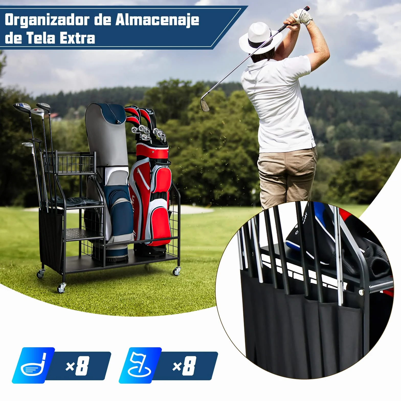 COSTWAY Estante de Almacenamiento para Bolsa de Golf con Ruedas Bloqueables