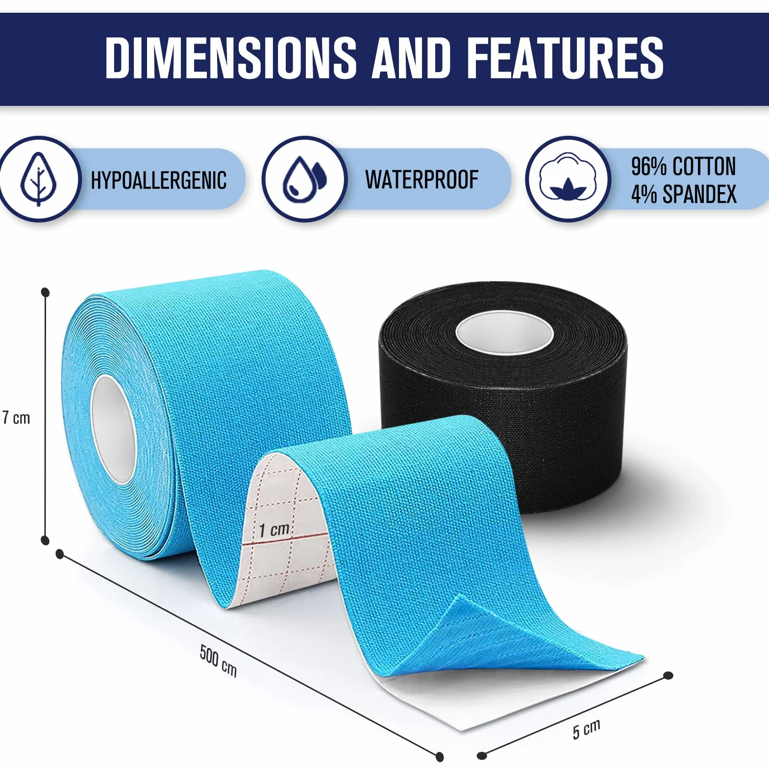 Cinta de Kinesiología Tape 2 Rollos 5m x 5cm Azul y Negro Deportiva Elástica Sin Látex Resistente al Agua