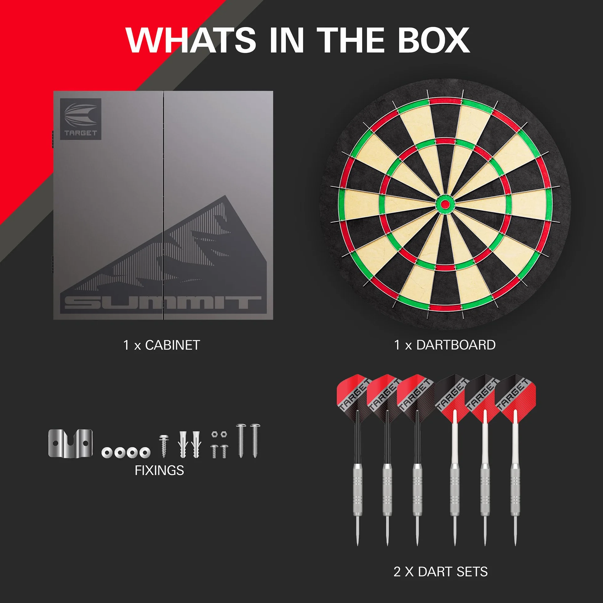 Target Darts Summit y Home Gabinete y Juegos de Dianas | Juego Completo de Dardos | Incluye Armario y Diana, Latón con Punta de Acero | Summit Incluye 1 Mes de Suscripción a la Aplicación Dartcounter