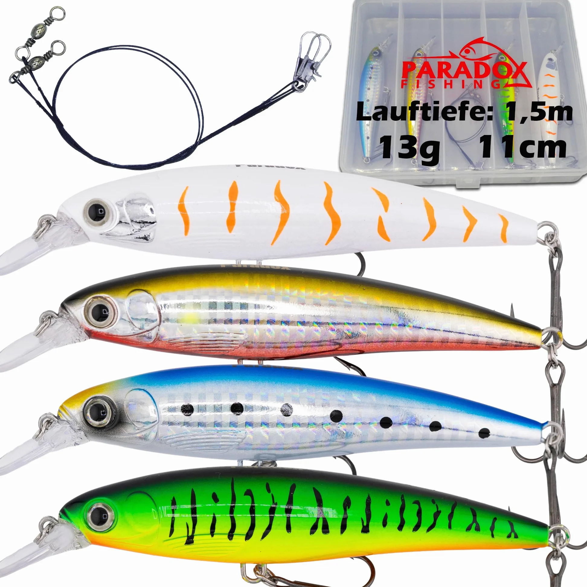 Paradox Fishing Juego de 4 señuelos de pesca de lucioperca, 13 g, 11 cm, con caja, cebo para lucioperca, perca