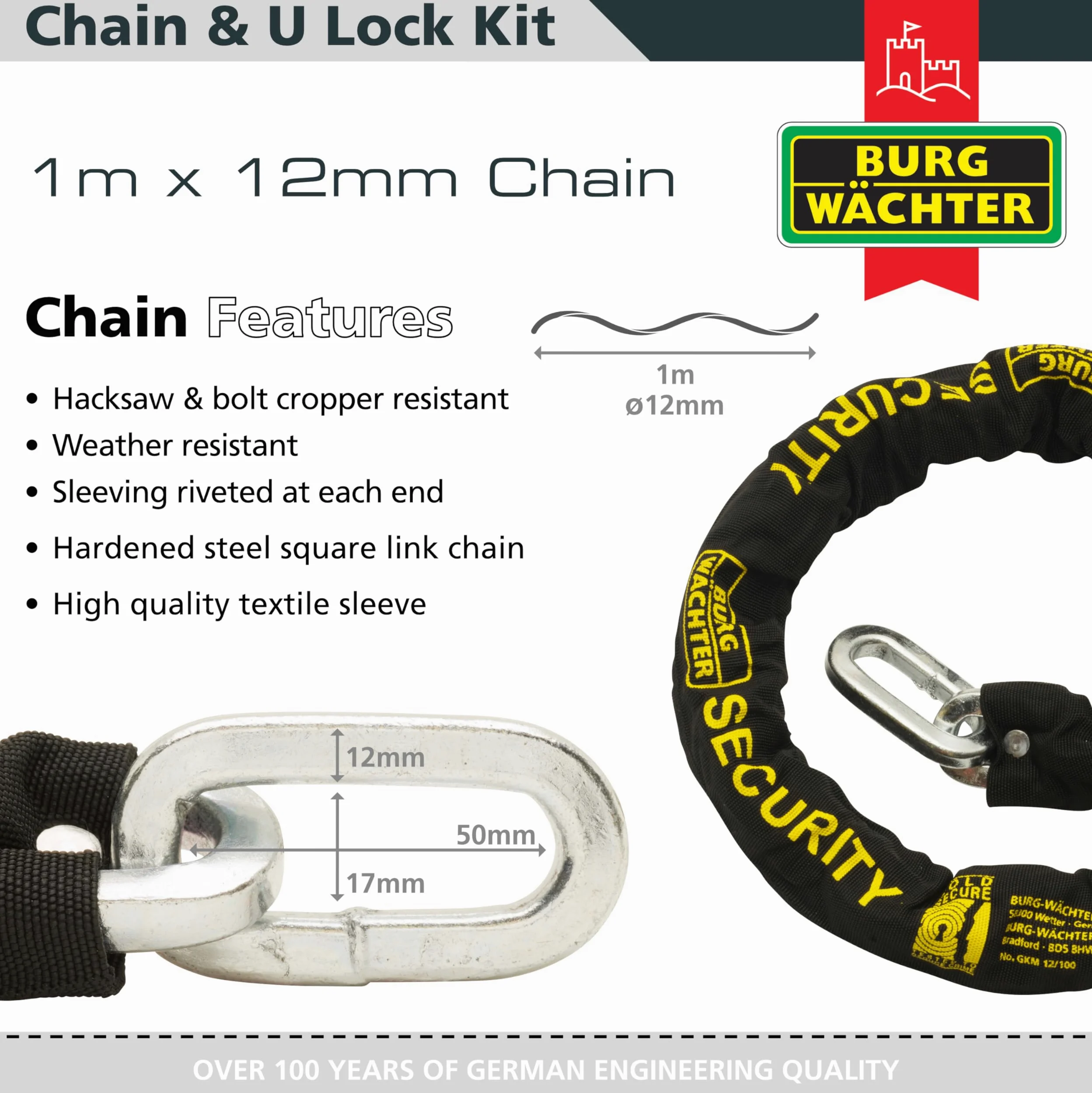 Burg-Wachter - Cadena de seguridad para bicicleta (1 m, 12 mm, cierre de diamante, color negro)