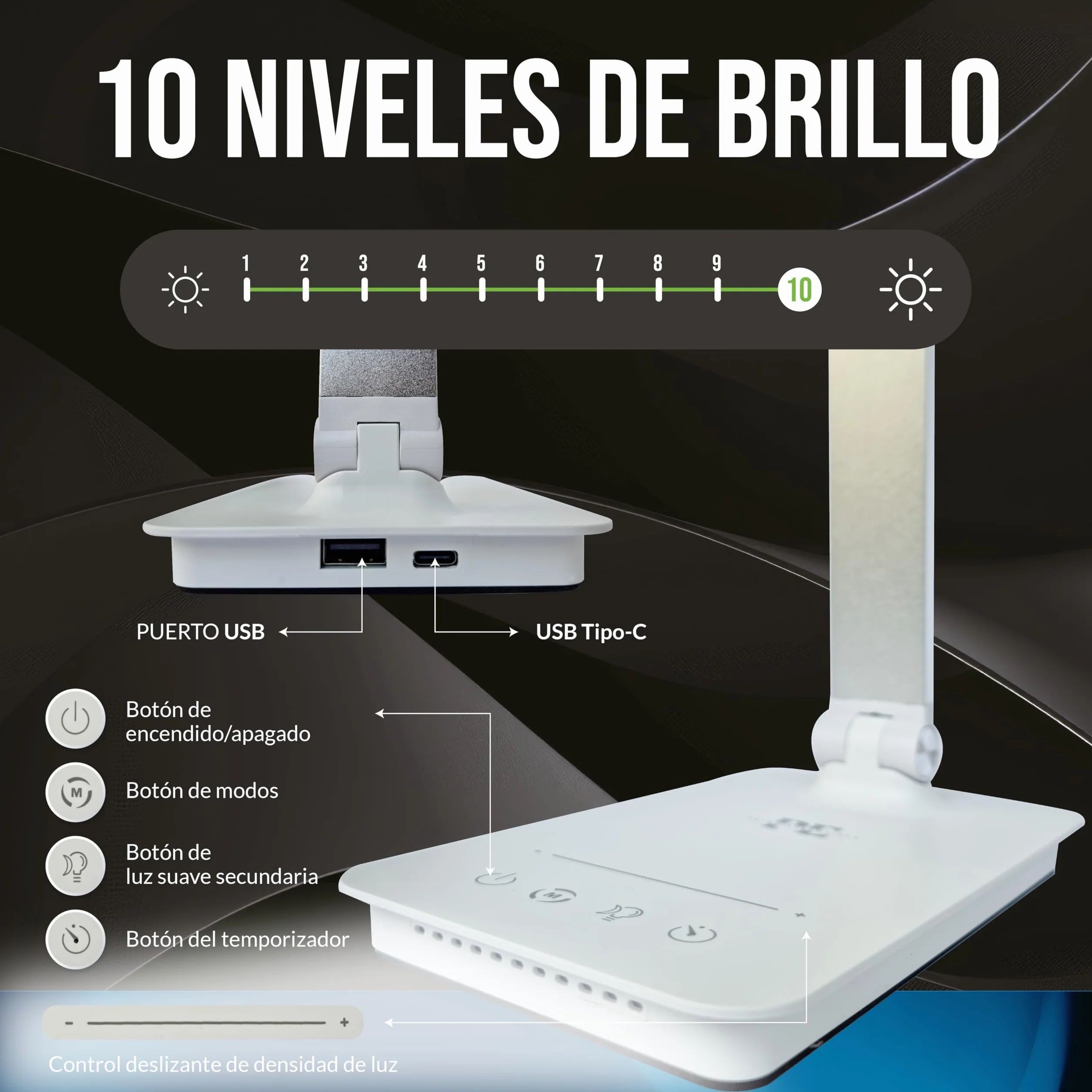 Lámpara LED Escritorio 5 en 1 Flexo con Luz Nocturna Táctil 5 Modos 10 Niveles Brillo USB Plata