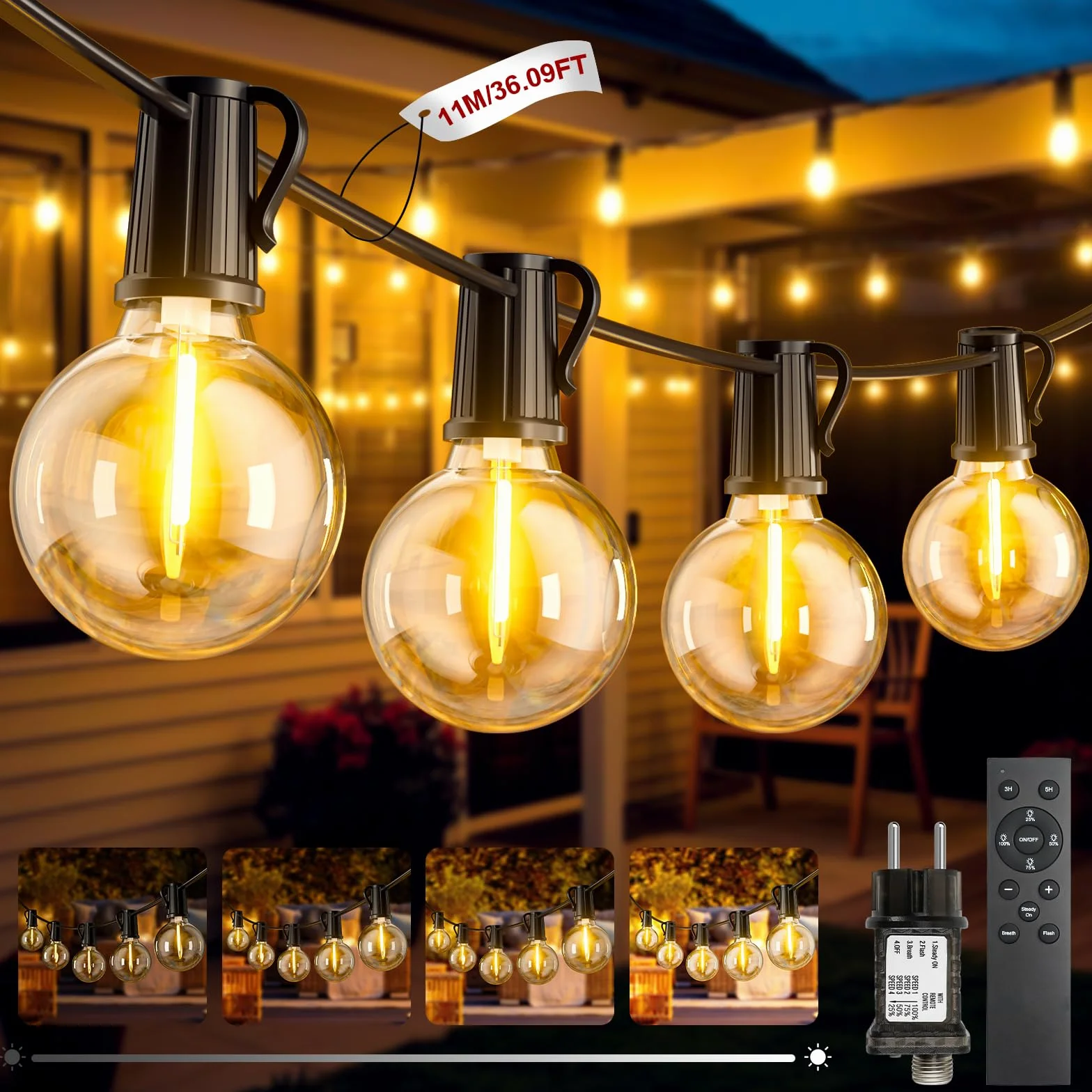 FIFlying Guirnalda Luces Exterior 11M 36Ft 15+1 G40 Bombillas IP44 Impermeable LED Enchufe Jardín Patio