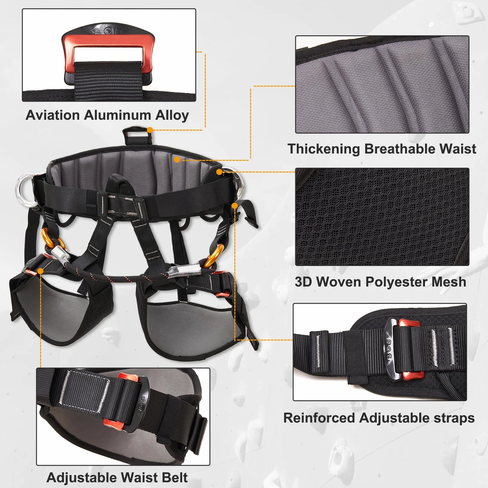 SOB Arnés de Escalada Ajustable Reforzado Profesional, Cinturón de Seguridad de Media Cuerpo para Escalada de Árboles, Rescate de Incendios, Espeleología, Escalada en Roca y Rápel