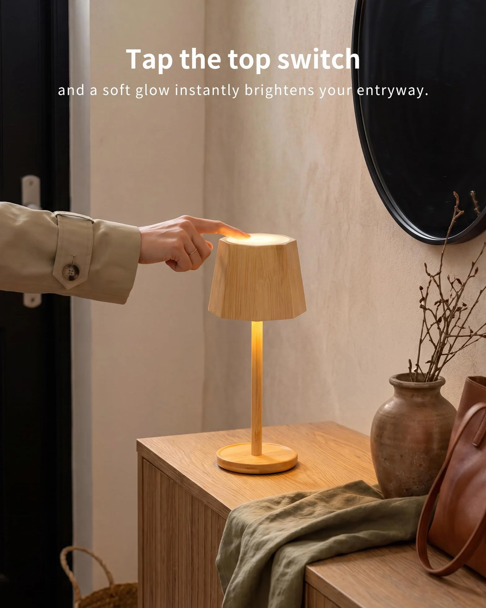 Lámpara LED de Mesa Inalámbrica Recargable Touch Dimmerable Bambú Impermeable BAMO TL12