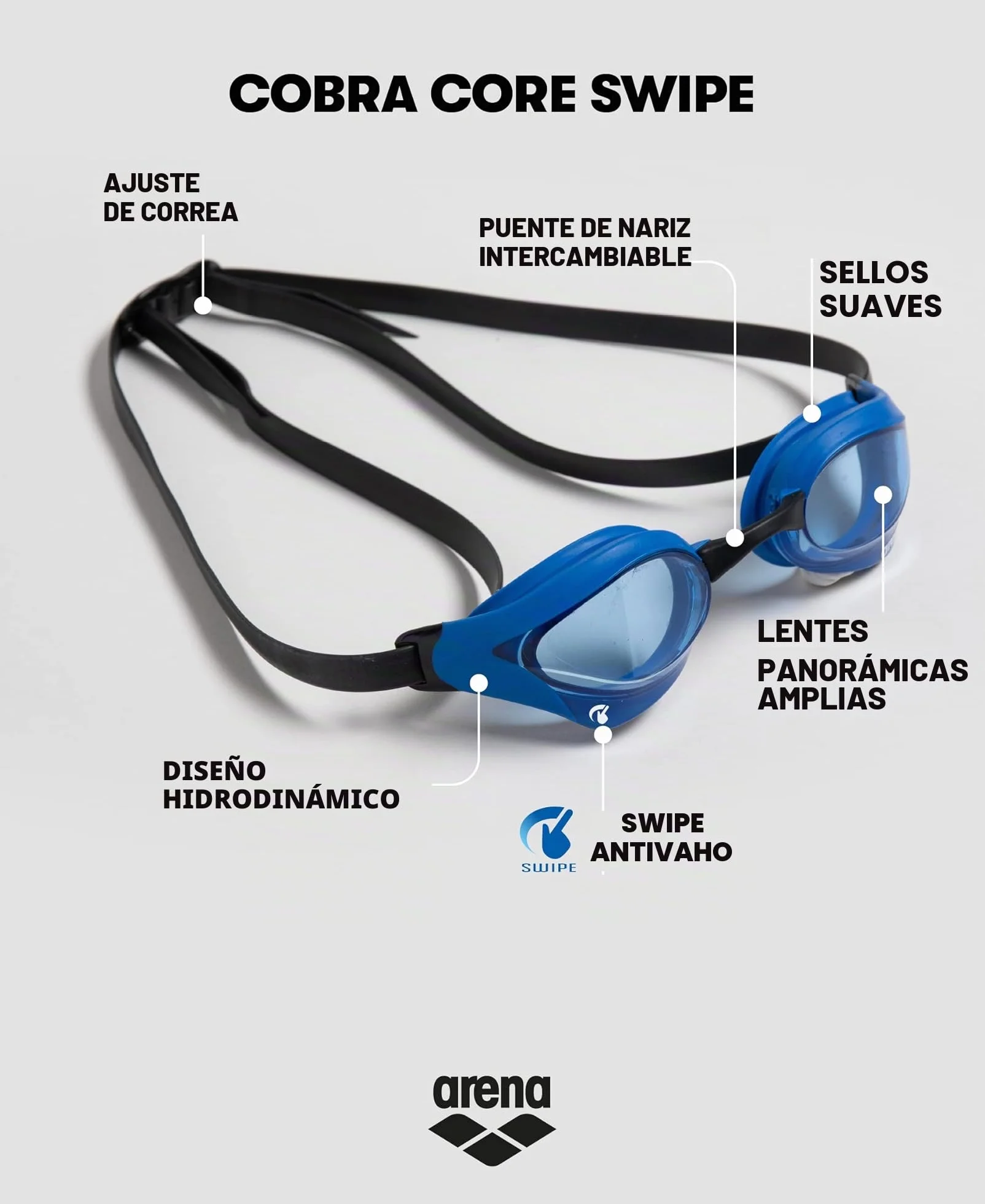 Arena Cobra Core Swipe Gafas de Natación de Competición Unisex Adultos Antivaho Protección UV 5 Puentes Nasales