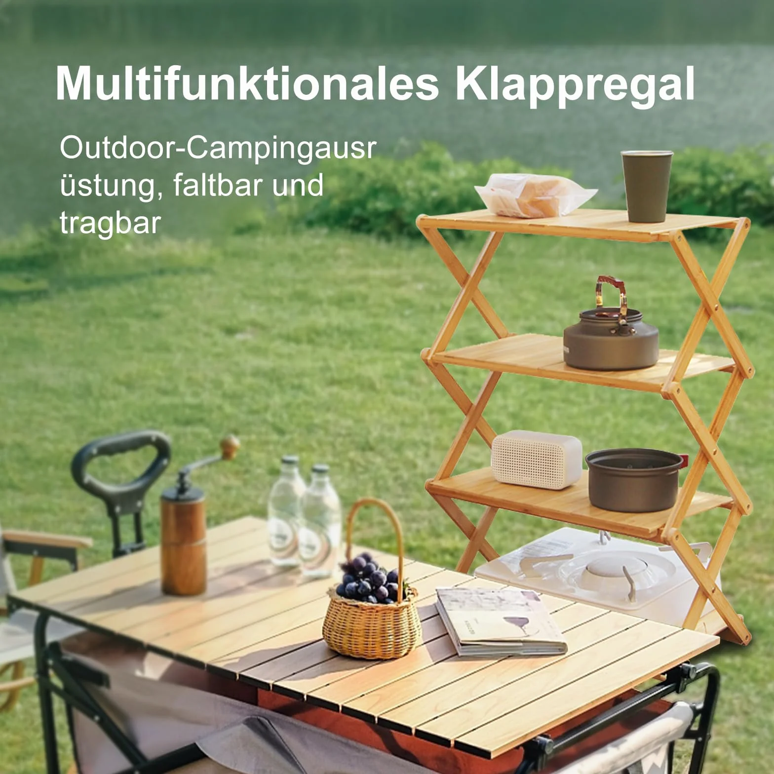 Estantería plegable de bambú, para camping, para exteriores, cocina, camping, barbacoa (4º piso, elevado)