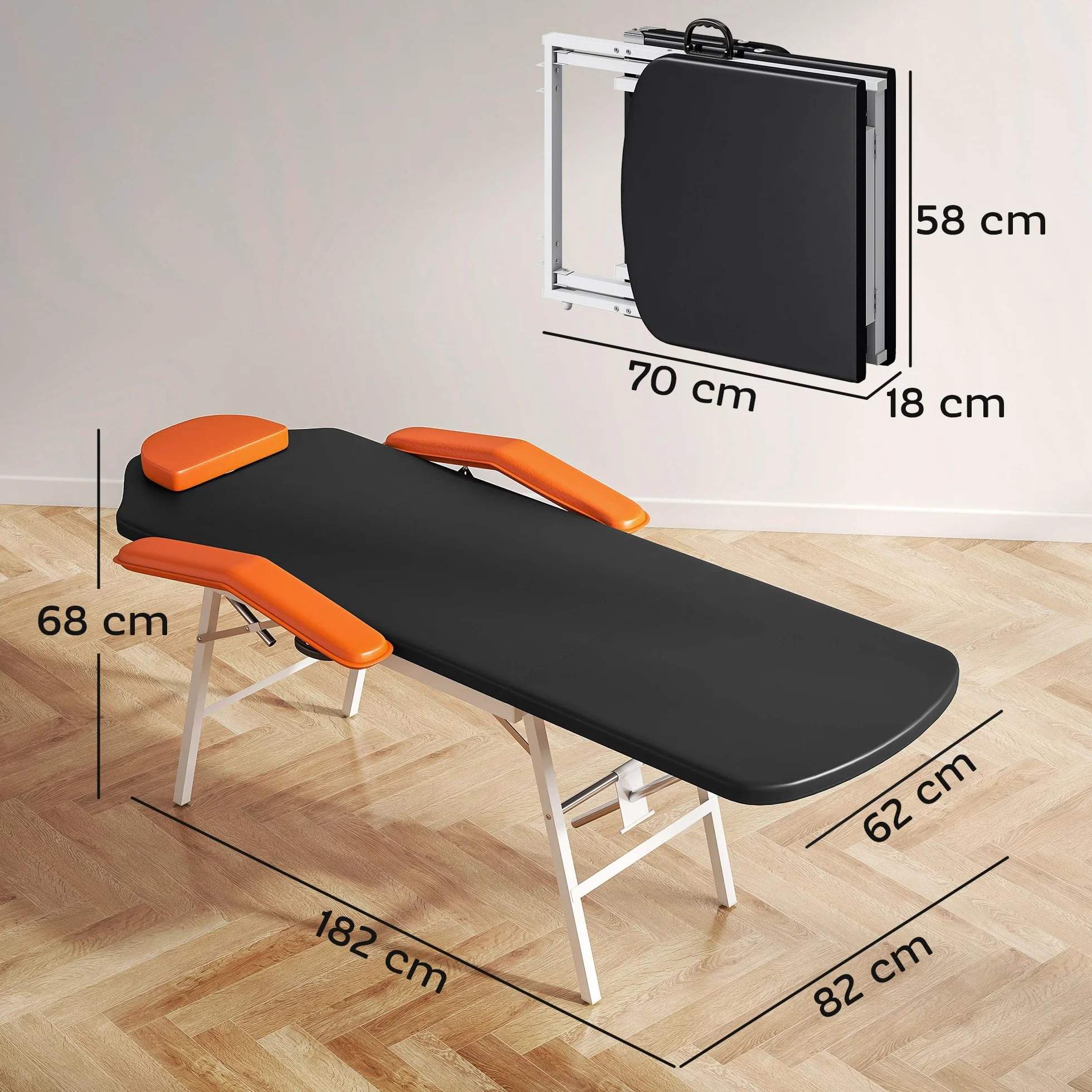 HOMCOM Camilla Masaje Plegable Portátil 3 Zonas Respaldo Soporte Piernas Ajustables Reposacabezas Extraíble Reposabrazos Acolchados SPA 182x82 cm Naranja