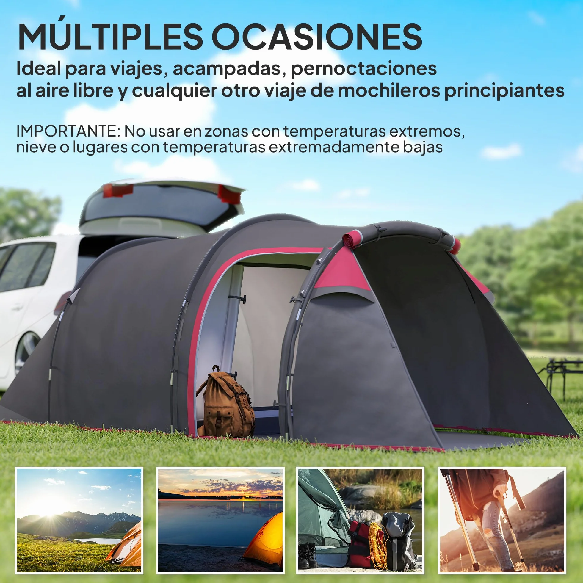 Outsunny Tienda de Campaña Familiar Tipo Túnel 2-3 Personas Plegable Impermeable 2000+ mm a Prueba de UV 20+ Ligero con Vestíbulo y 4 Estaciones para Camping Senderismo 426x206x154 cm