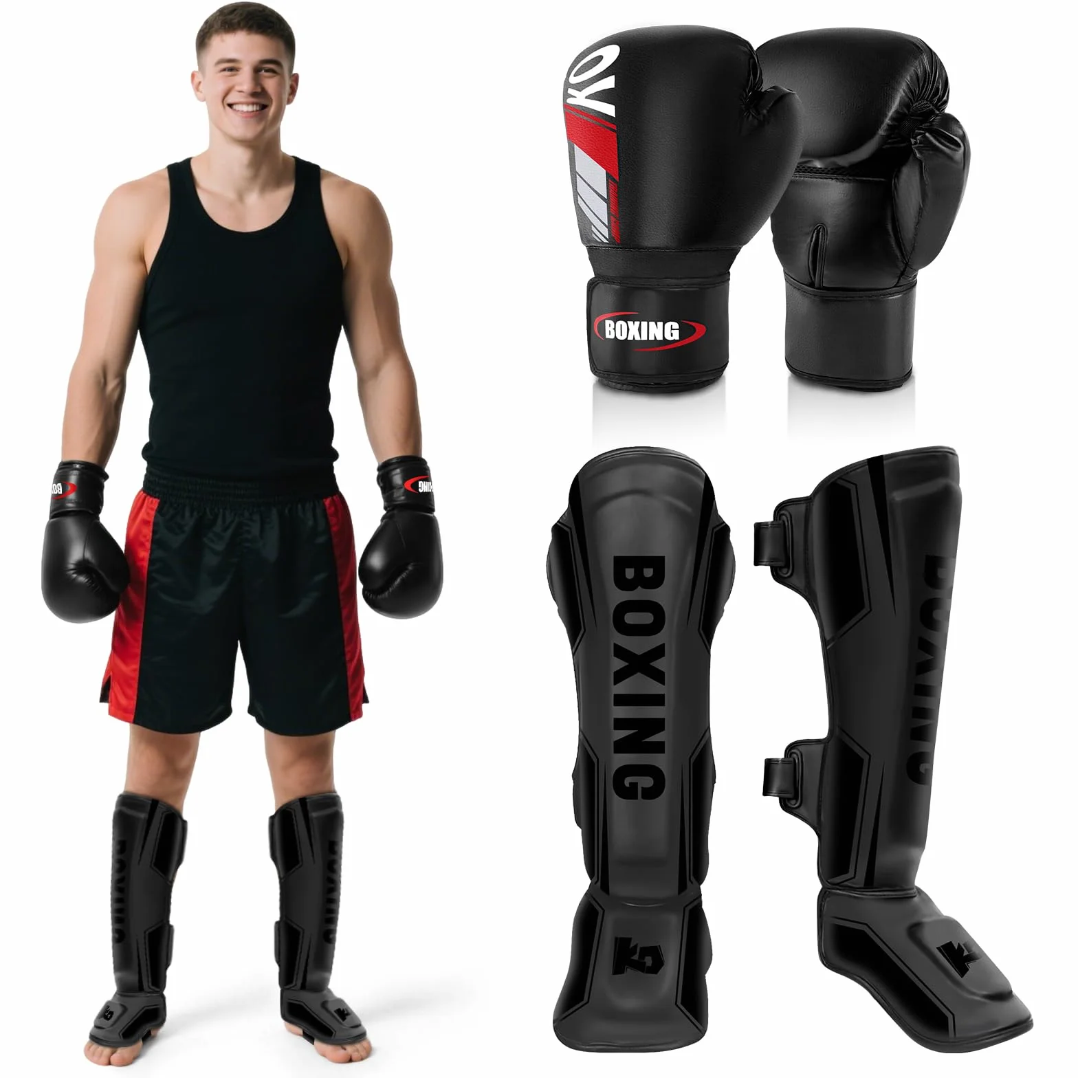 NZQXJXZ Espinilleras de Kickboxing con Guantes de Boxeo 16 oz, Protectores de Piernas Ajustables para Entrenamiento MMA