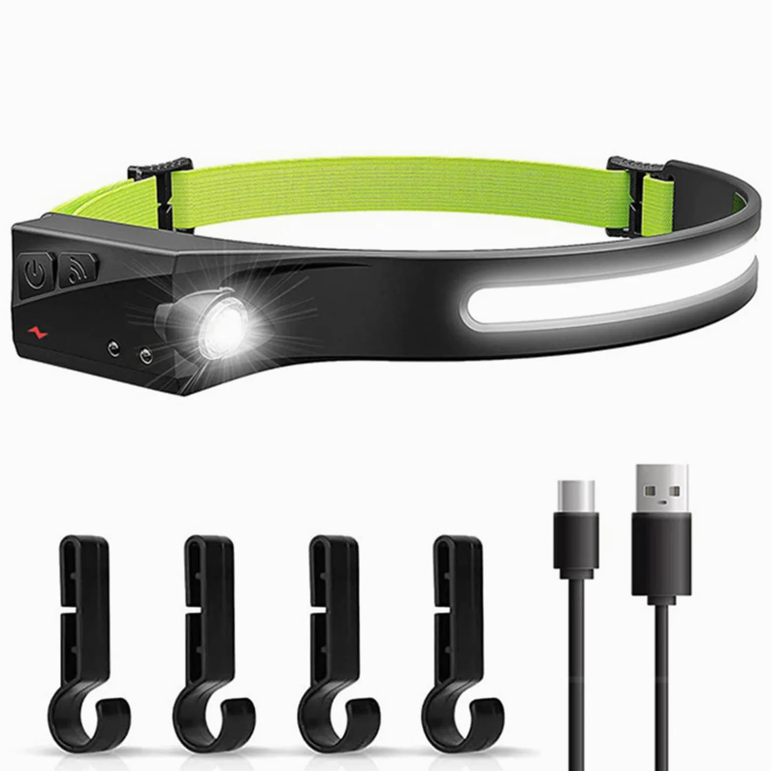 Linterna frontal LED USB 350 lúmenes COB LED faro con sensor de movimiento, IPX4 impermeable, ideal para correr, camping, senderismo, pesca, caza, escalada