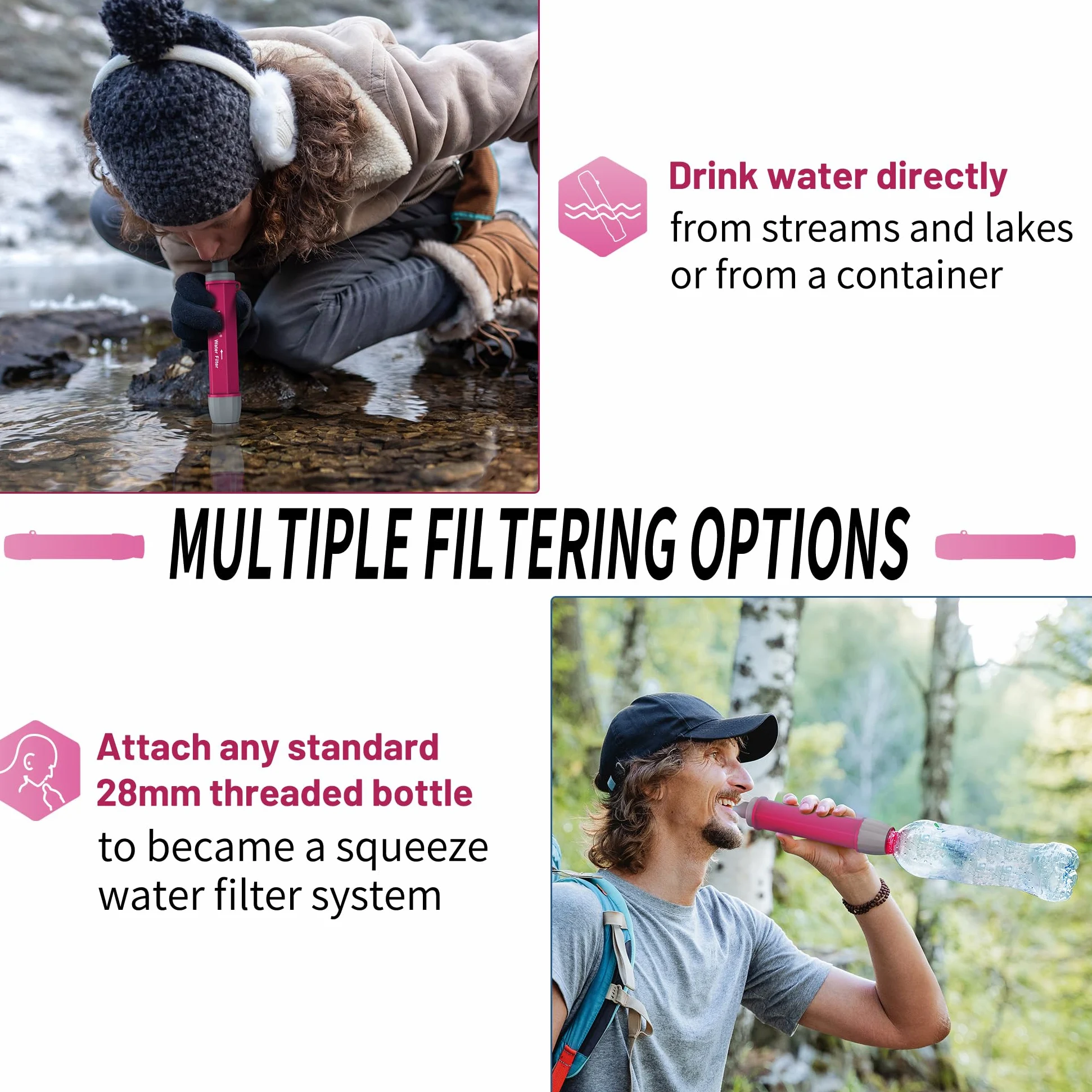 Yuclet YWF01 Paja con filtro personal para beber, sistema de filtración de agua portátil, equipo de supervivencia y suministros para camping, senderismo, viajes y preparación
