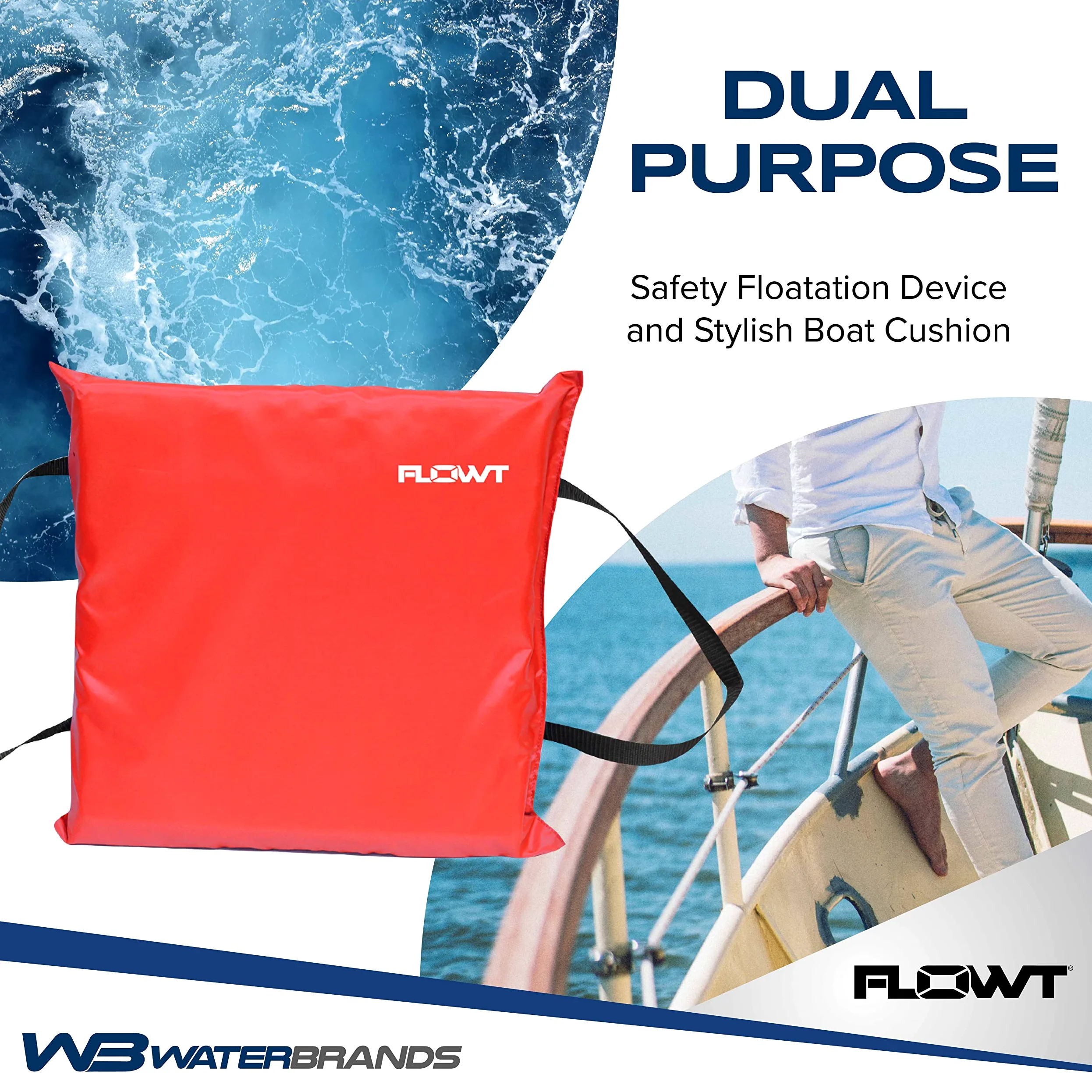 Flowt 40102 - Cojín de espuma de flotación lanzable tipo IV aprobado por la USCG | Cojín para bote | Dispositivo de seguridad para cojín de bote lanzable | 16 x 15 x 2.5 pulgadas (rojo)