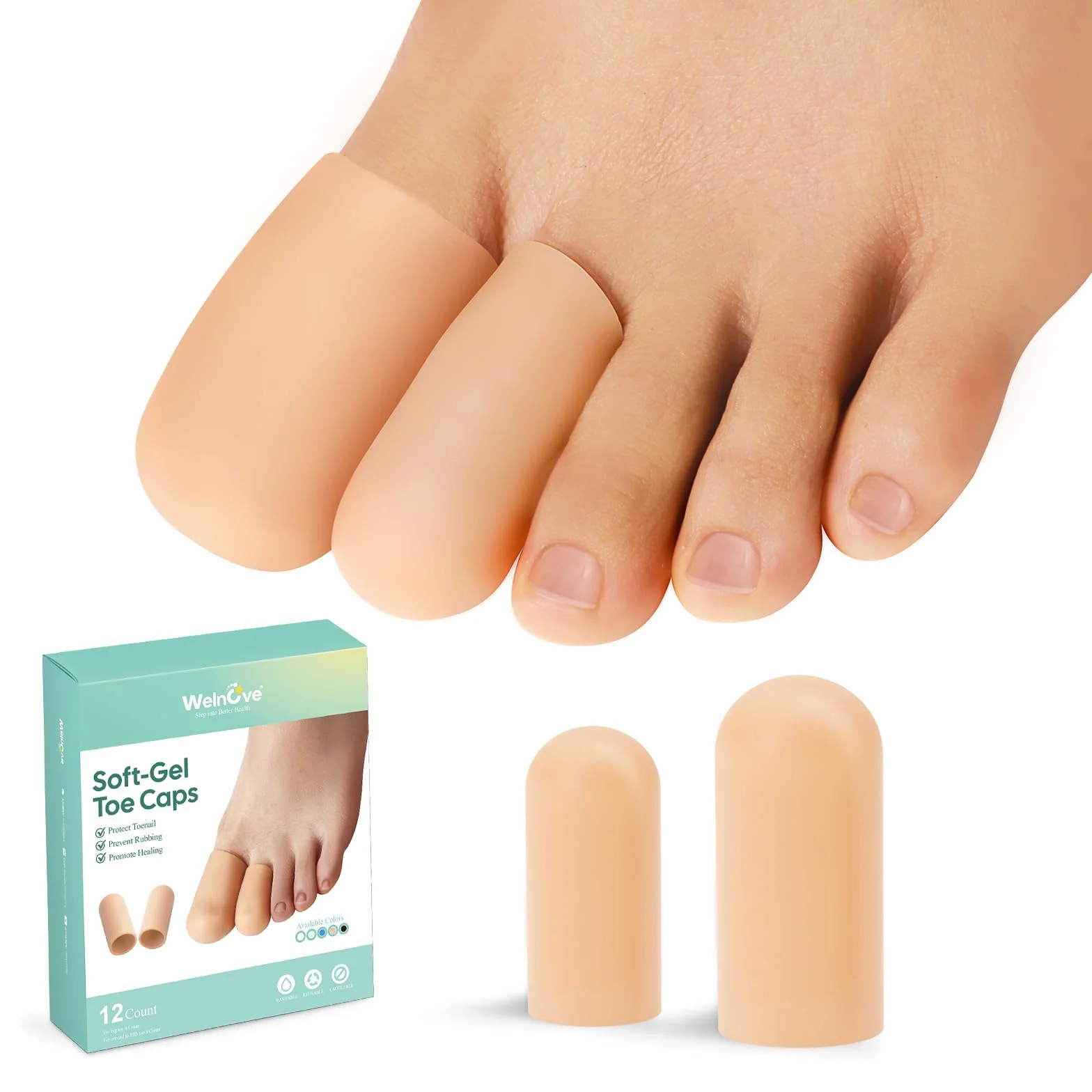 Welnove Protectores de Dedo del Pie de Silicona para Aliviar Molestias, Uñas Encarnadas, Callosidades y Ampollas (4 Large + 8 Medium, Beige)