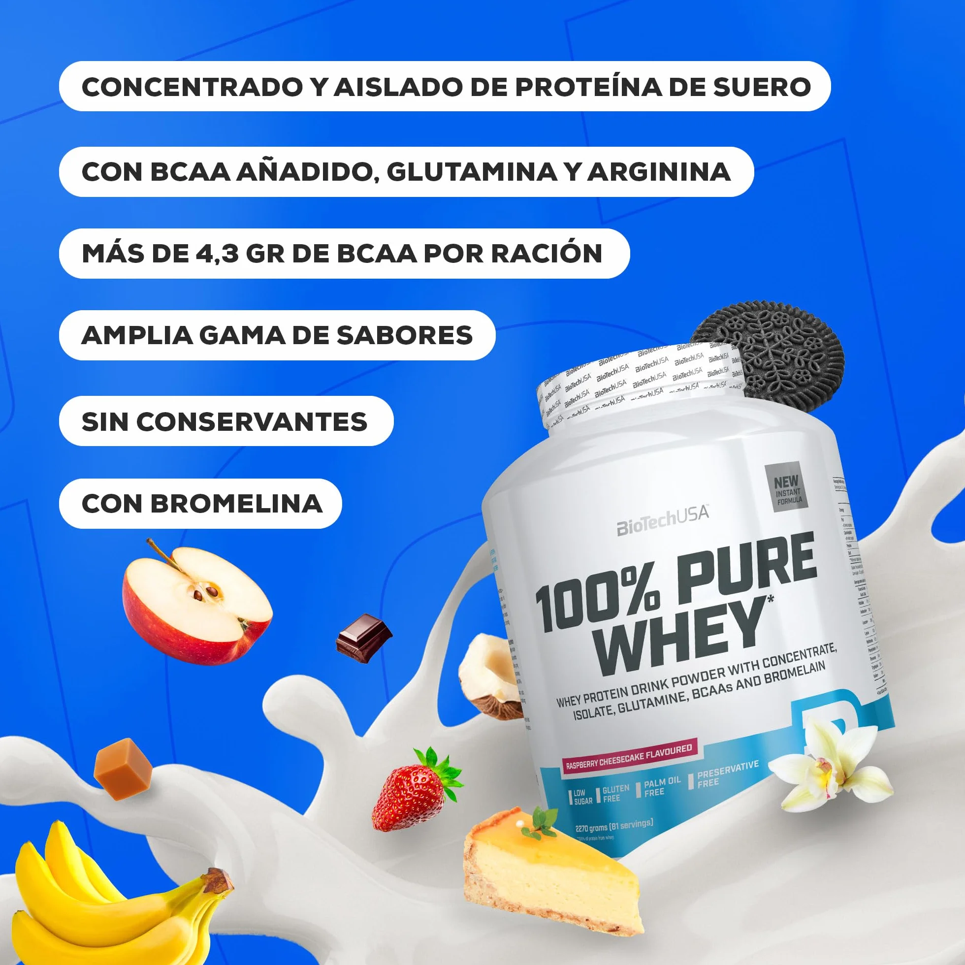 BioTechUSA 100% Pure Whey Proteína en Polvo 2 kg Chocolate BCAA Glutamina Sin Gluten