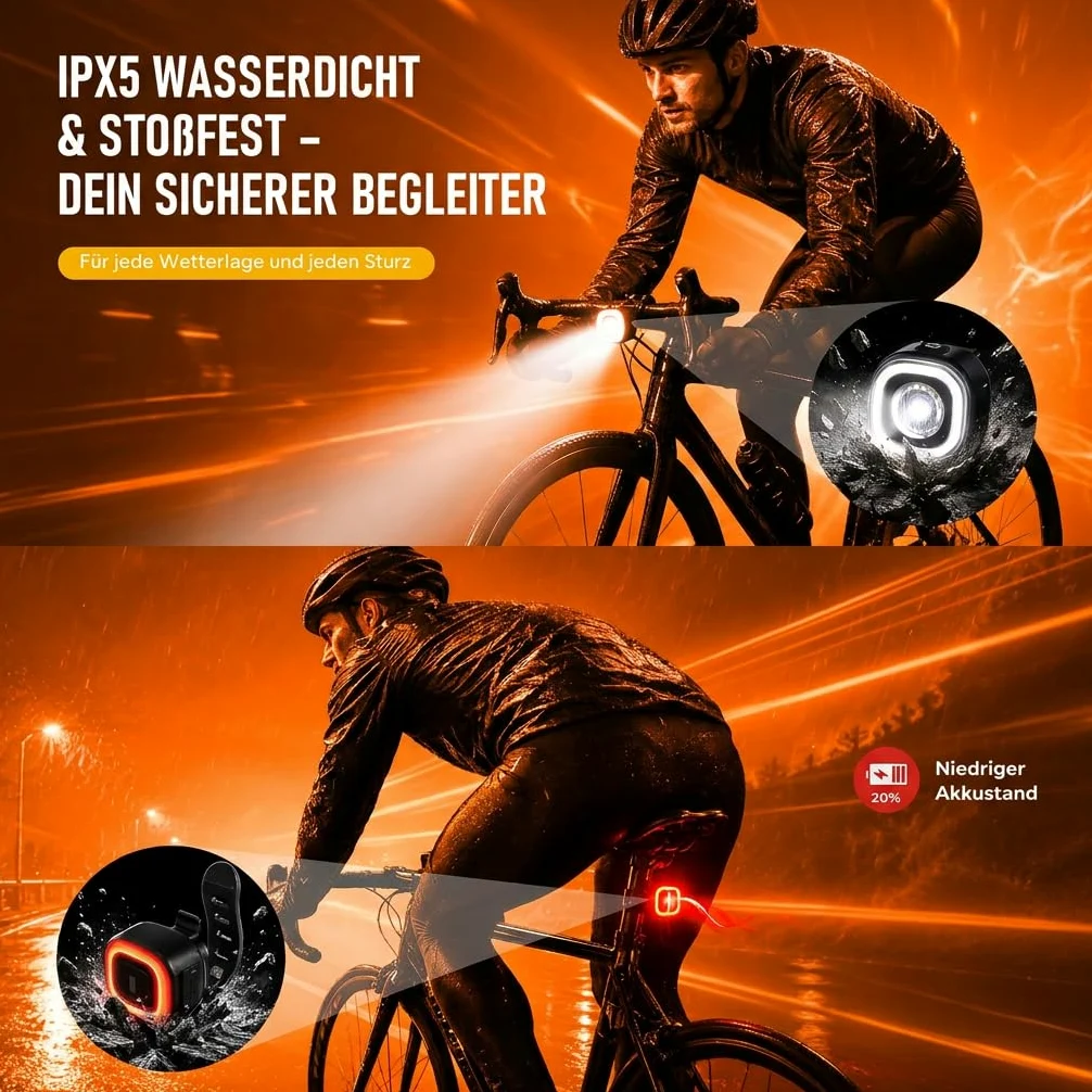 Juego de luces LED para bicicleta, homologadas por StVZO, luz de bicicleta recargable con luz de freno inteligente, luz trasera, IPX5, resistente al agua y a los golpes, juego de luces de bicicleta