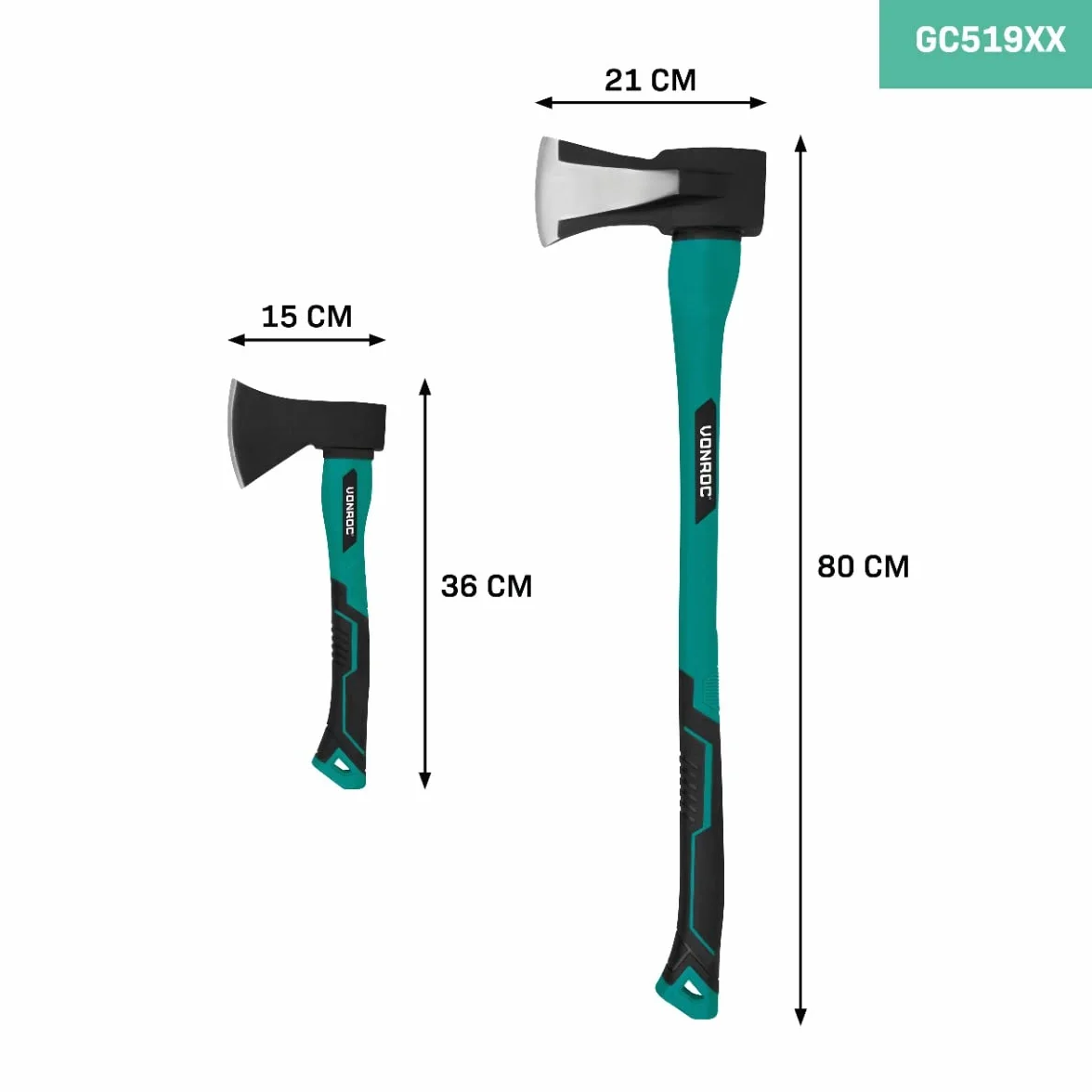 VONROC Set de hacha y hacha de mano - cabeza de acero templado - mango reforzado con fibra de vidrio - 79cm - 3900gr/35cm - 950gr