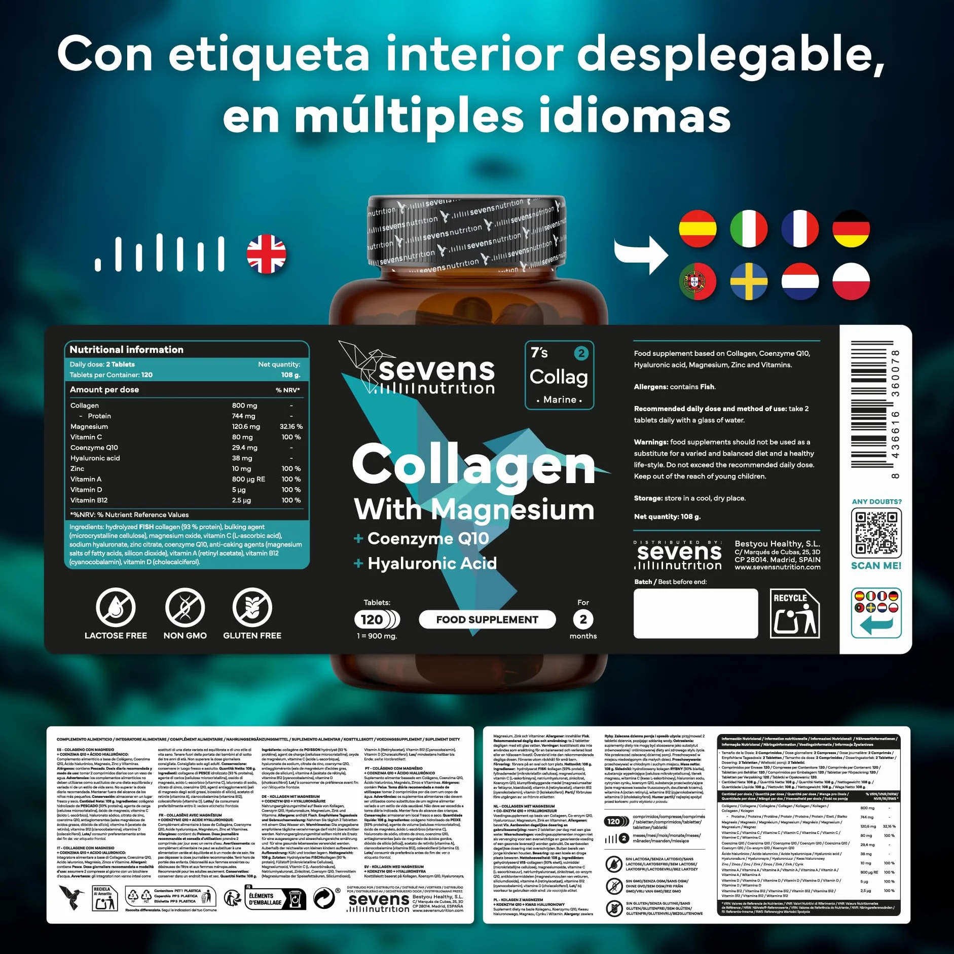 Sevens Colágeno Hidrolizado Puro con Magnesio, Ácido Hialurónico y Coenzima Q10 - 120 Cápsulas