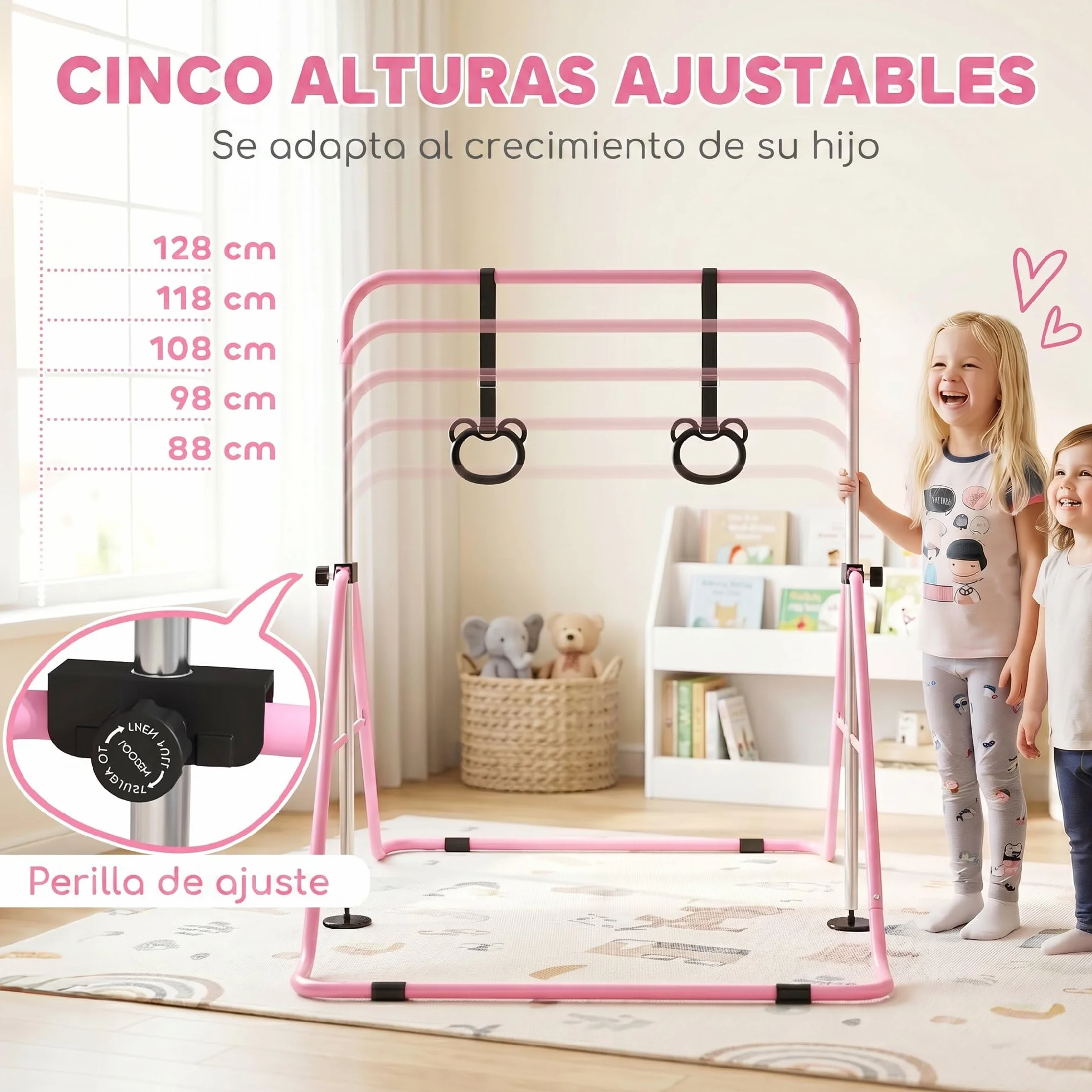HOMCOM Barra de Gimnasia Plegable para Niños con Altura Ajustable 5 Niveles y Anillos