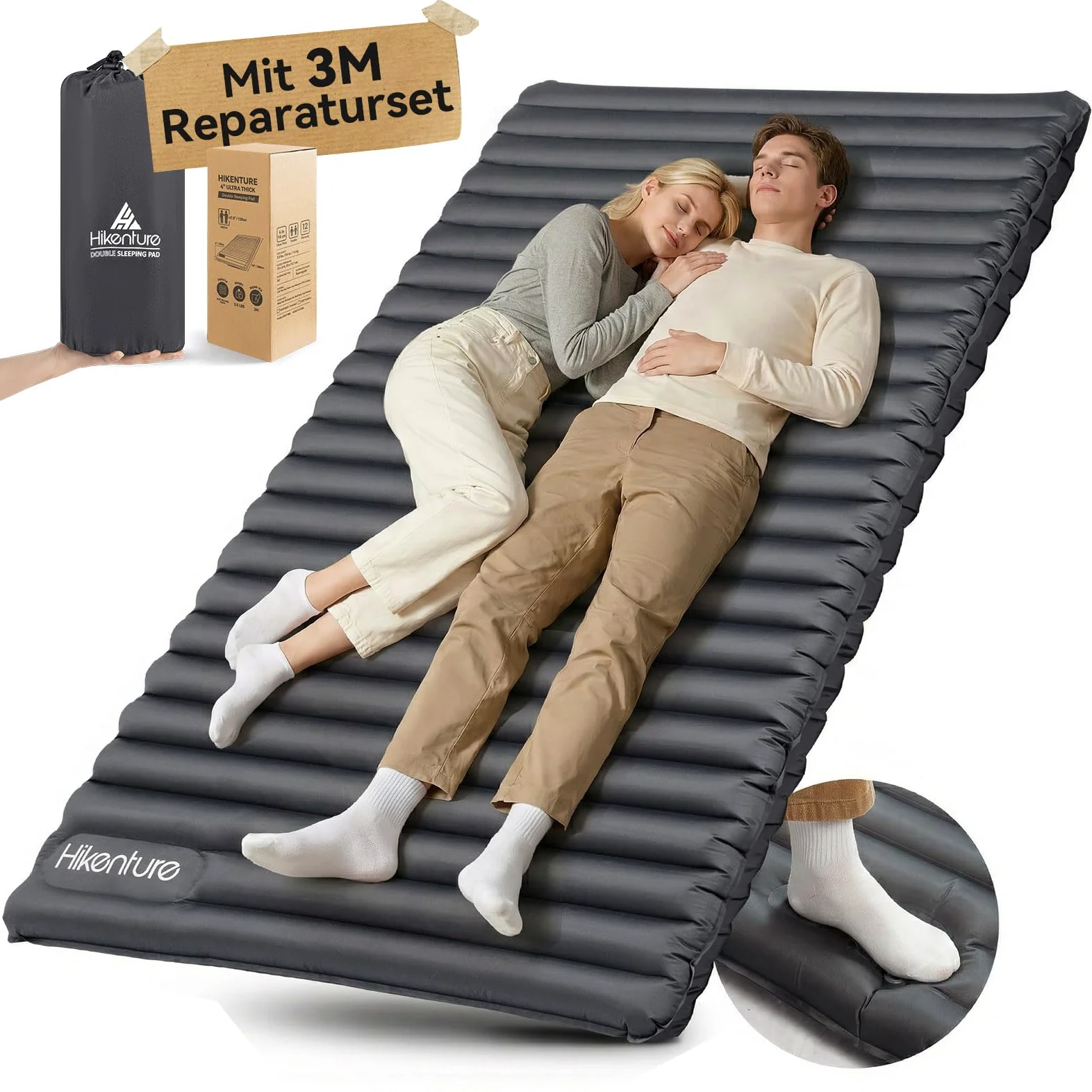 HIKENTURE Colchoneta hinchable autoinflable para 2 personas, ultraligera, 120 cm, con bolsa de bombeo, para camping, senderismo y playa, gris