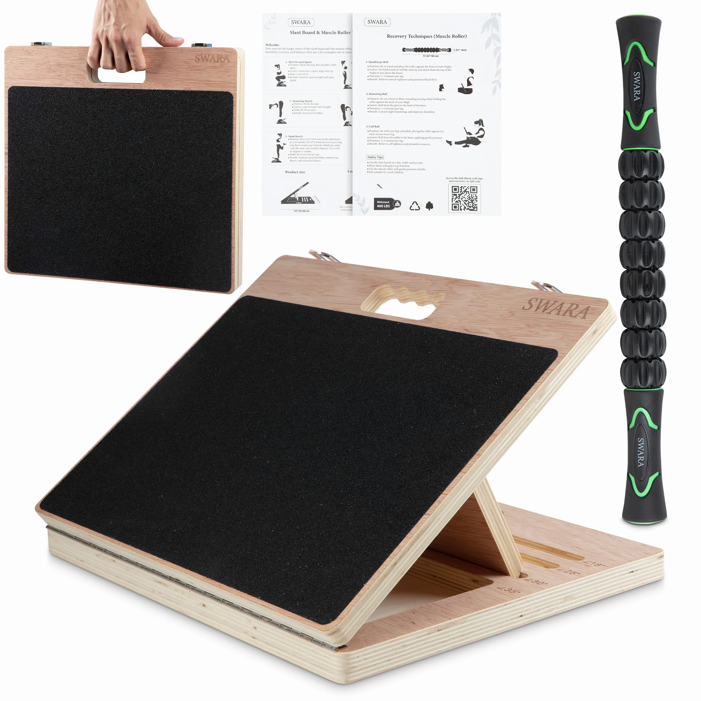 Swara Tabla inclinada de madera portátil profesional, estirador de pantorrilla ajustable, 17 pulgadas de ancho, capacidad de 400 libras, estiramiento de pantorrillas, sentadillas, terapia física,
