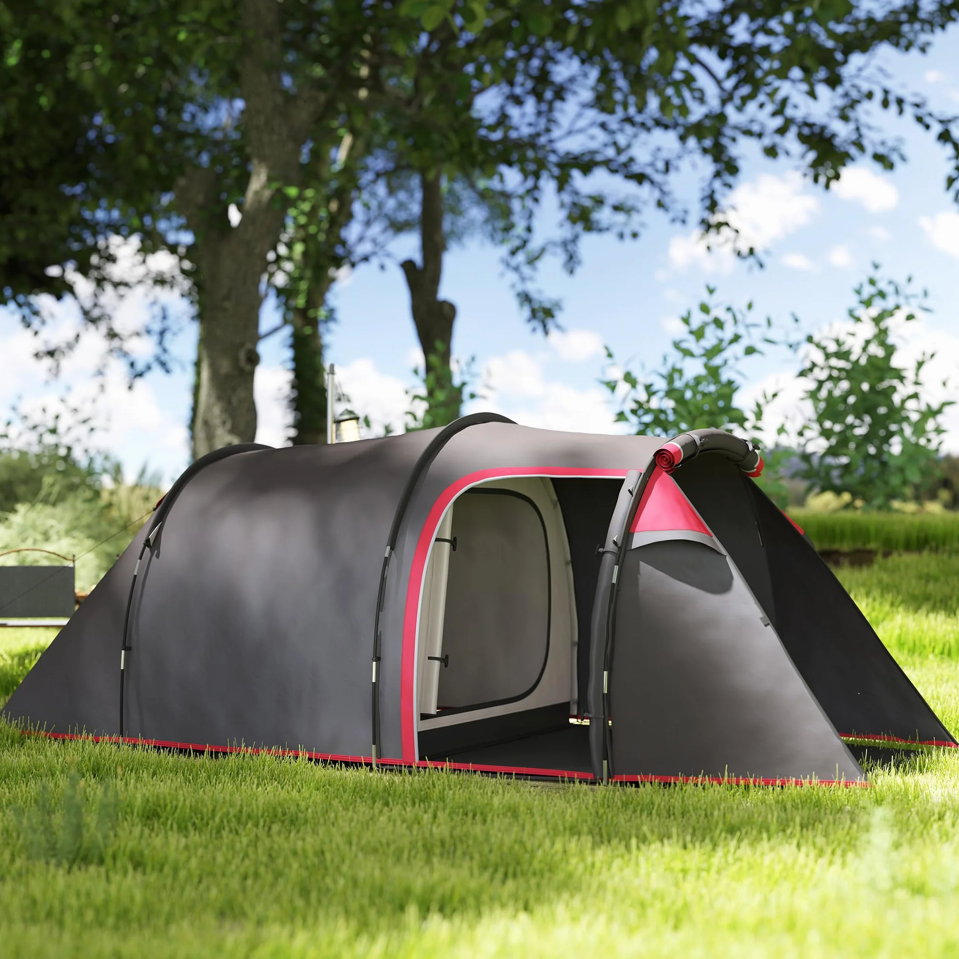 Outsunny Tienda de Campaña Familiar Tipo Túnel 2-3 Personas Plegable Impermeable 2000+ mm a Prueba de UV 20+ Ligero con Vestíbulo y 4 Estaciones para Camping Senderismo 426x206x154 cm