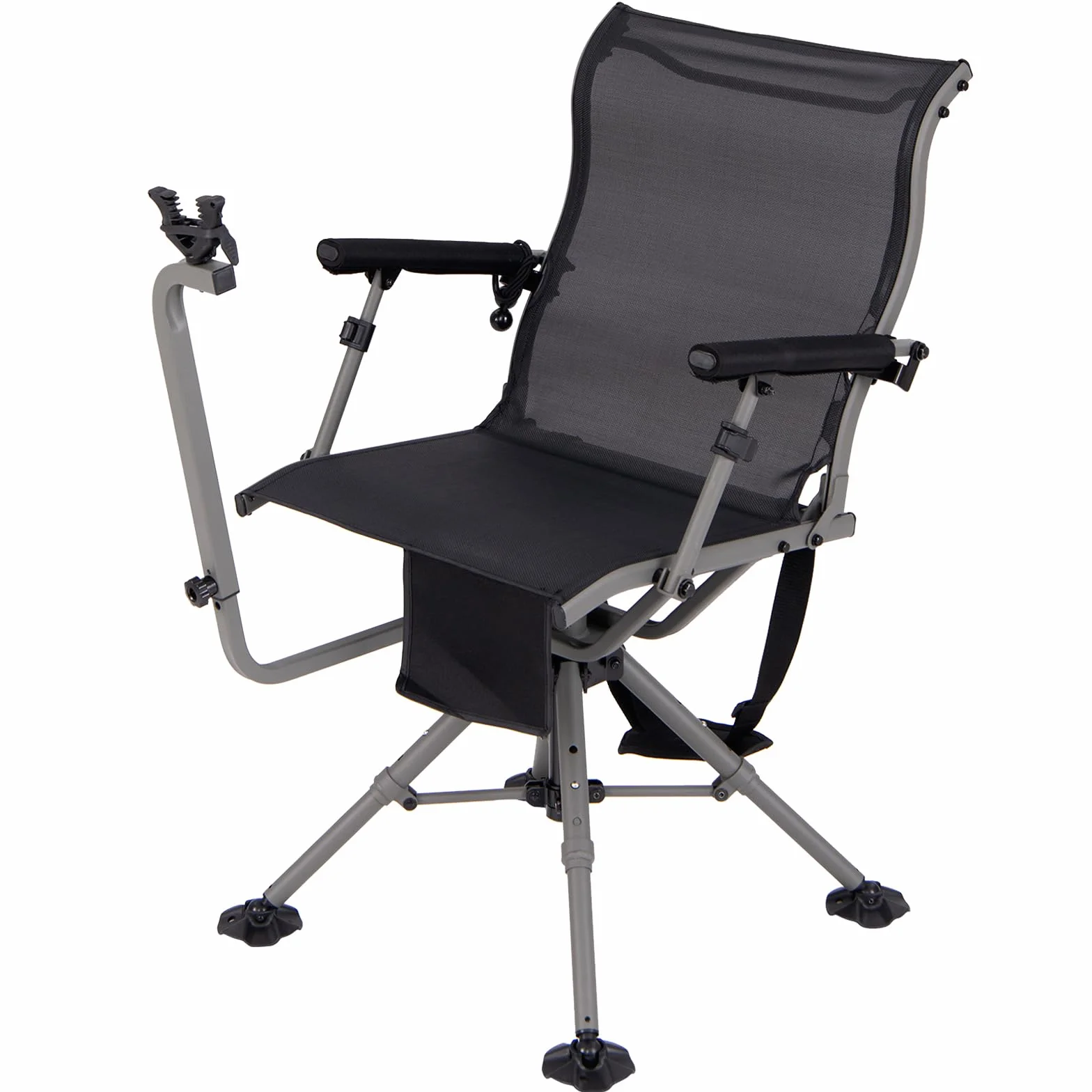 GOPLUS Silla de Caza Giratoria 360°, Silla Plegable con Patas Ajustables y Soporte para Arma, Respaldo Ergonómico y Reposabrazos Cómodos, Bolsillo de Almacenamiento, Sillas Silenciosa para Caza