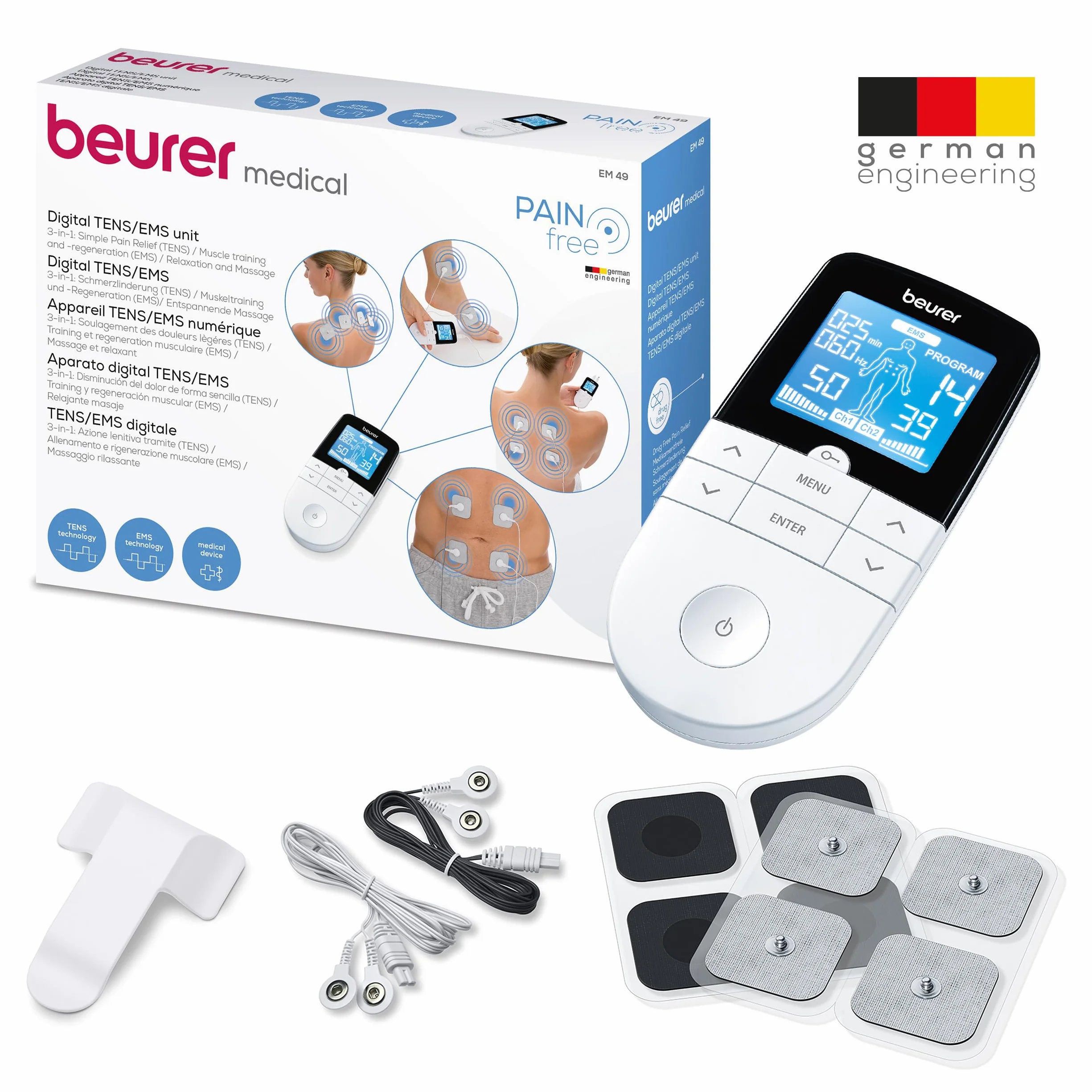 Beurer EM 49 TENS/EMS Digital 3 en 1 Estimulador Muscular para Alivio del Dolor y Entrenamiento, Masaje, 4 Electrodos, Blanco