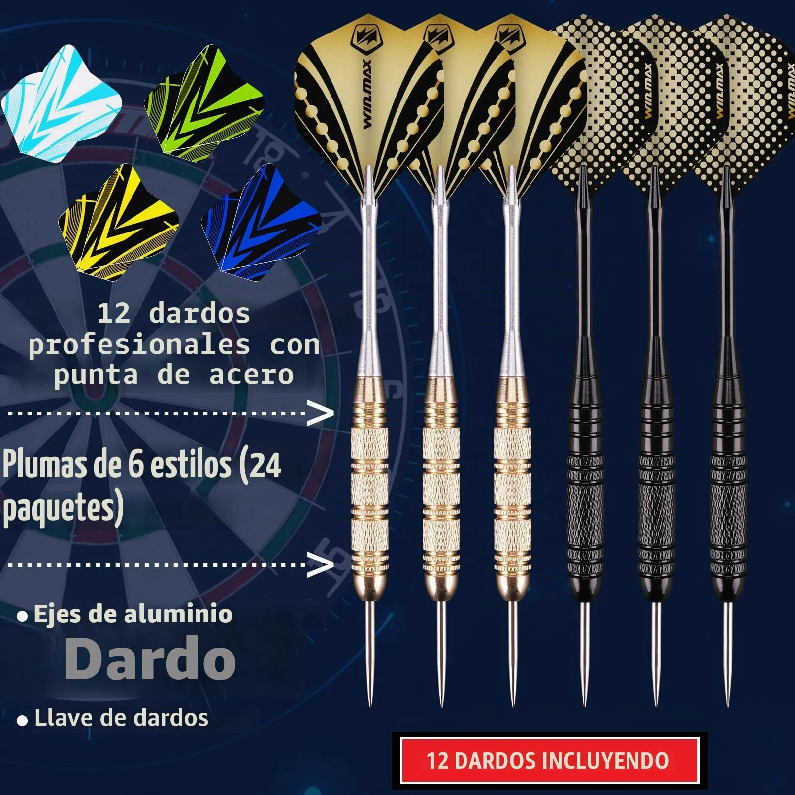Diana de Dardos para Adultos Con Punta de Acero - 12 Dardos Con Punta de Metal Incluidos