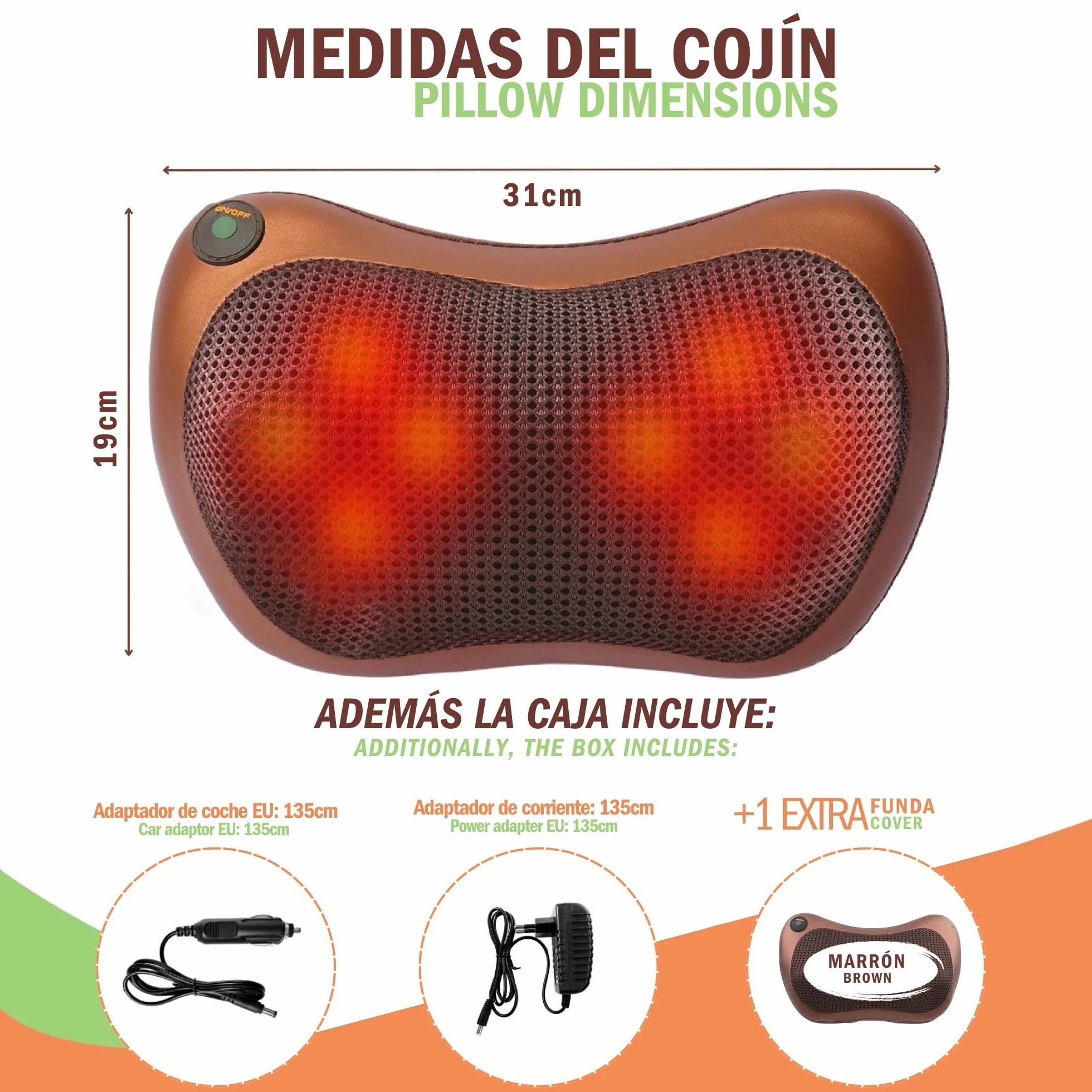 Masajeador Cervical y Espalda Cojín Eléctrico con Calor Funda Extra Marrón Almohada Shiatsu 8 Rodillos